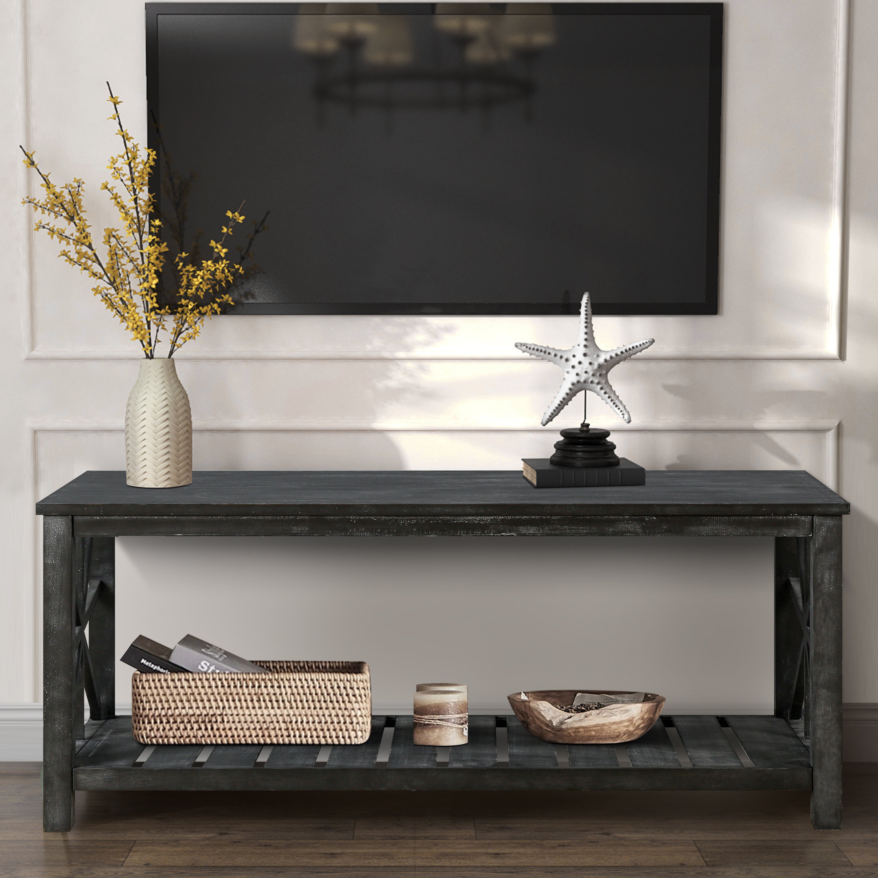 52''W Handcrafted Coffee Table In Front Of The Sofa Or Loveseat For Living Room(Antique Black Color)