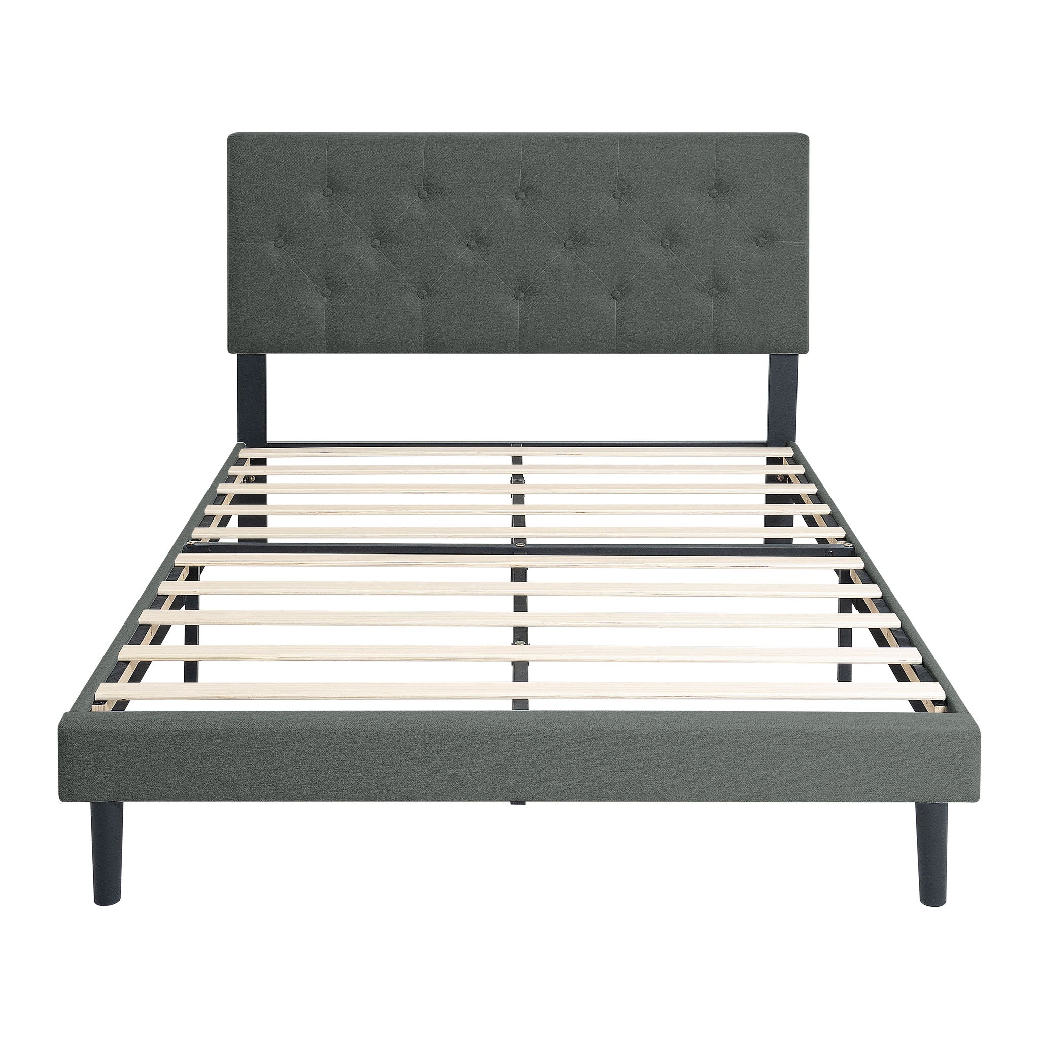Modern Upholstered Platform Bed Frame With Button Tufted Fabric Headboard