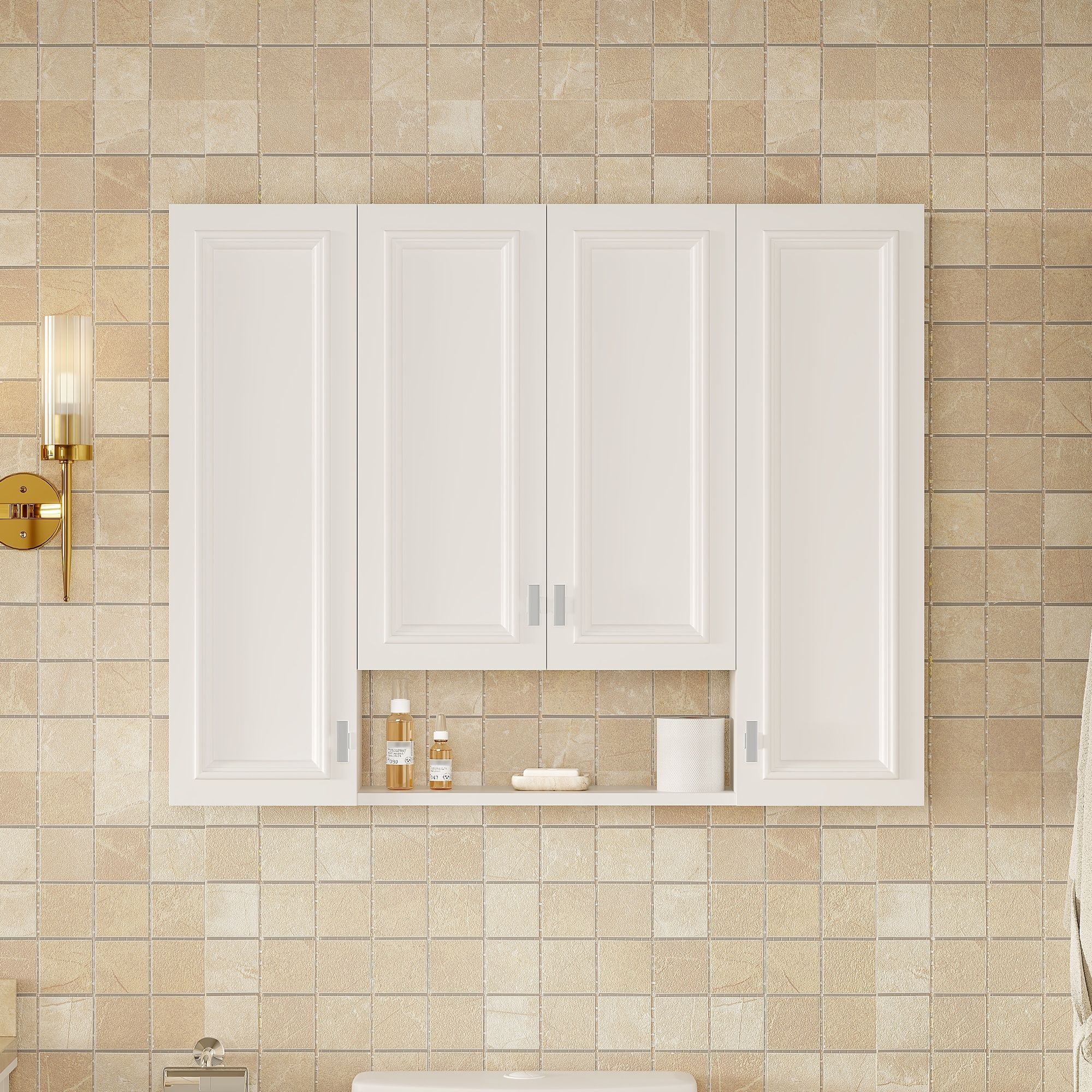 Bathroom Cabinet With 5 Adjustable Shelves, Wall-Mounted Medicine Cabinet, Soft-Closing Hinges, Open Shelving Design - White