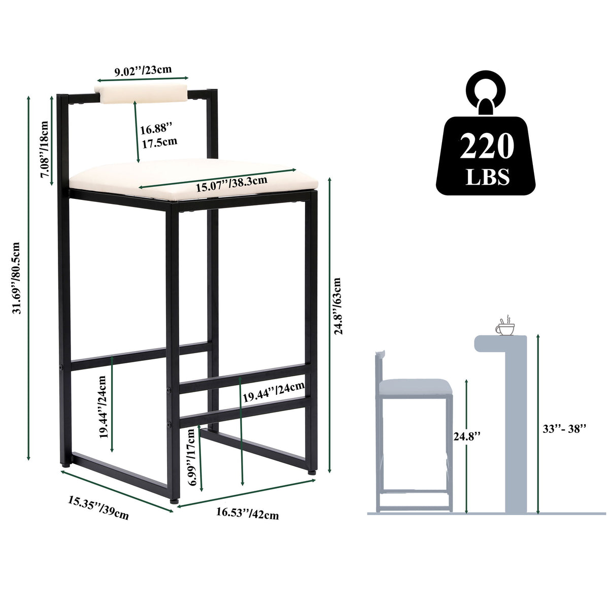 Elegant Bar Stool Set With Backrest And Footrest, Counter Height (Set of 2)