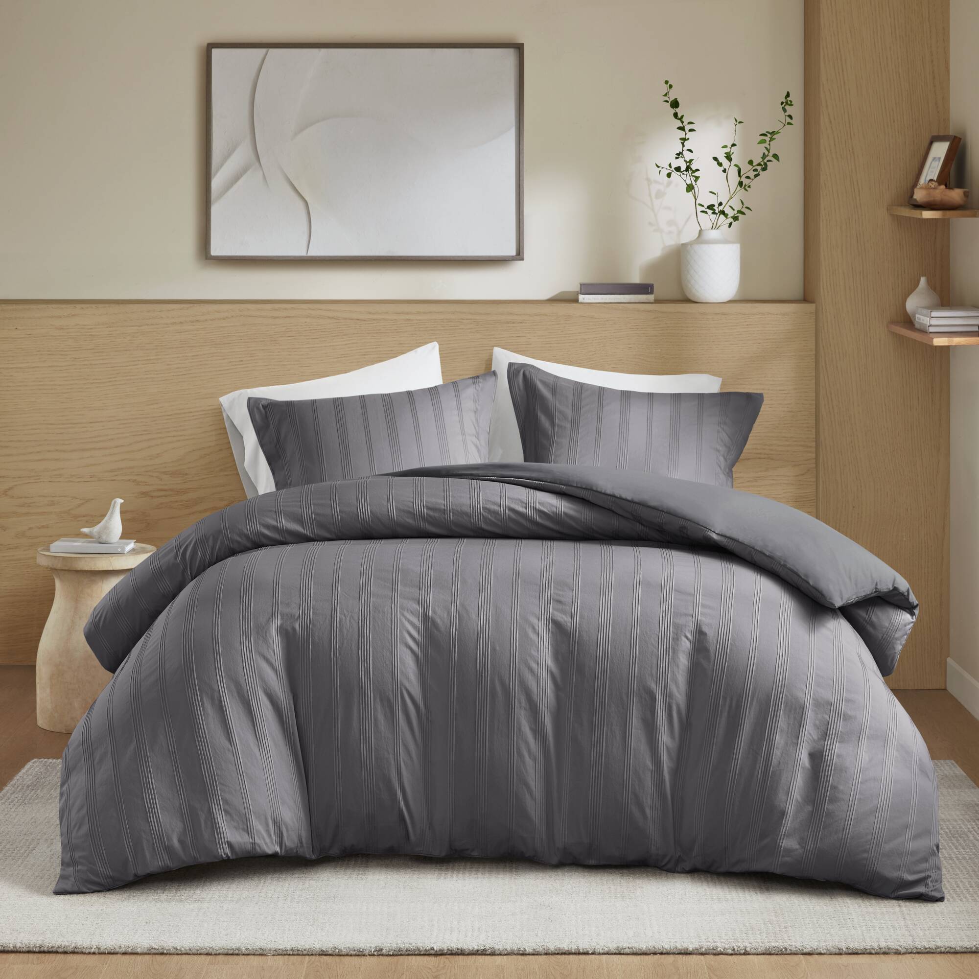 Logan - California King Striped Duvet Set - Charcoal