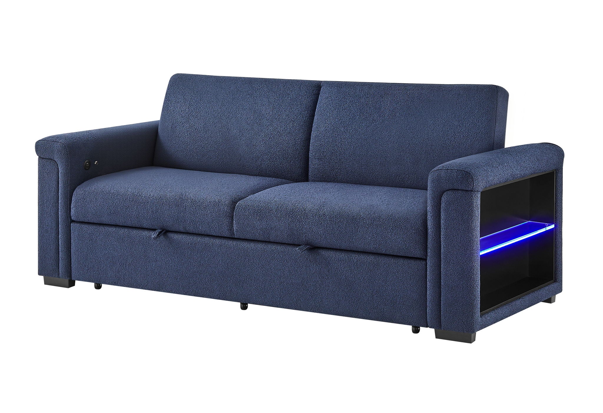 U0211 - Wooden Bookcase Sofa Bed Arms With Acrylic Shelf, LED, And Speakers - Navy
