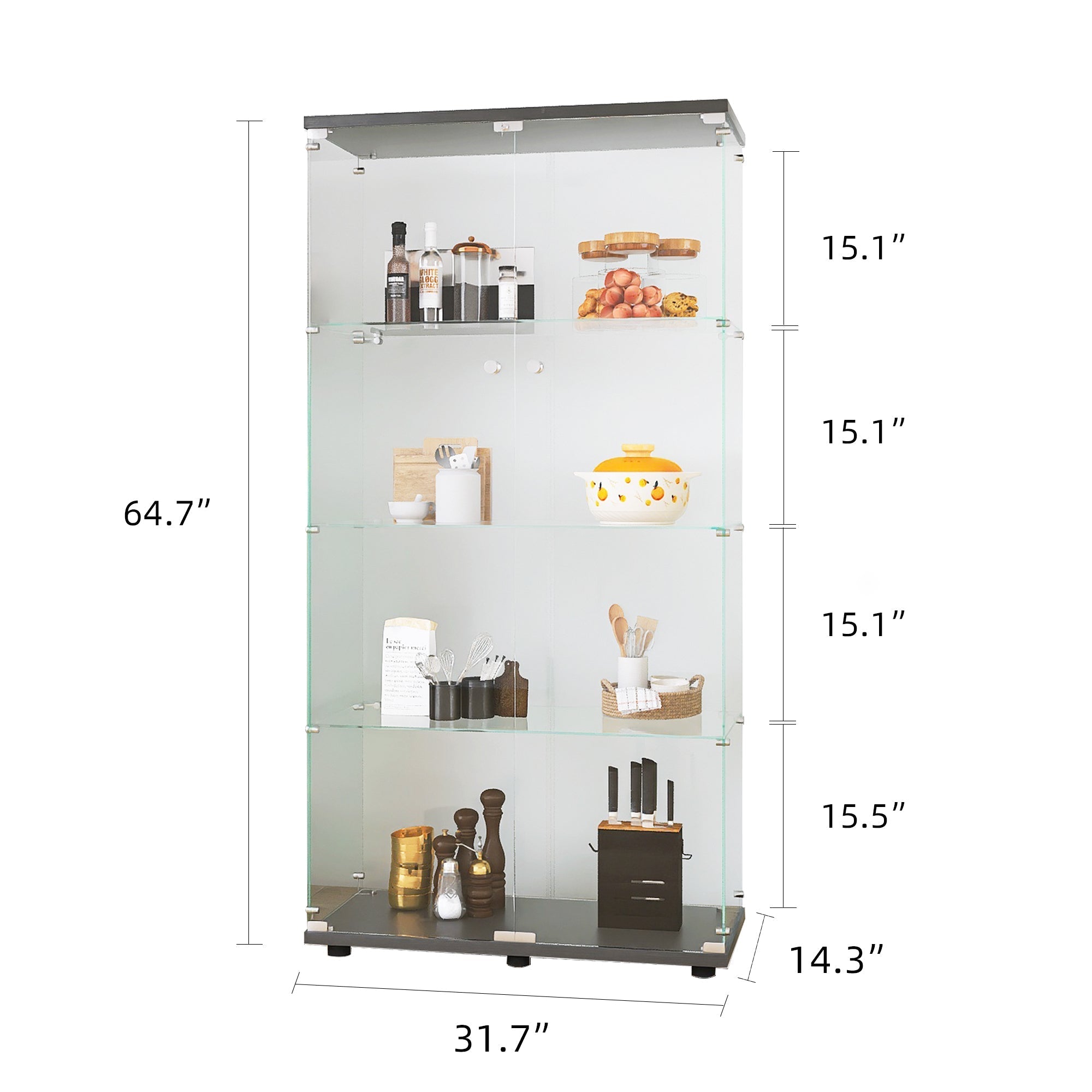 Two-door Glass Display Cabinet 4 Shelves with Door, Floor Standing Curio Bookshelf for Living Room Bedroom Office, 64.7"*31.7"*14.3",Black