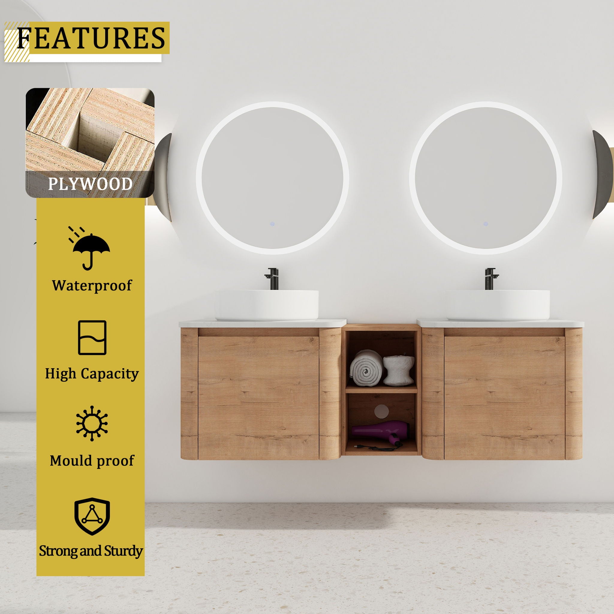 Wall Mounted Bathroom Vanity With Art Sink, 1 Storage Shelf, Soft Close Door