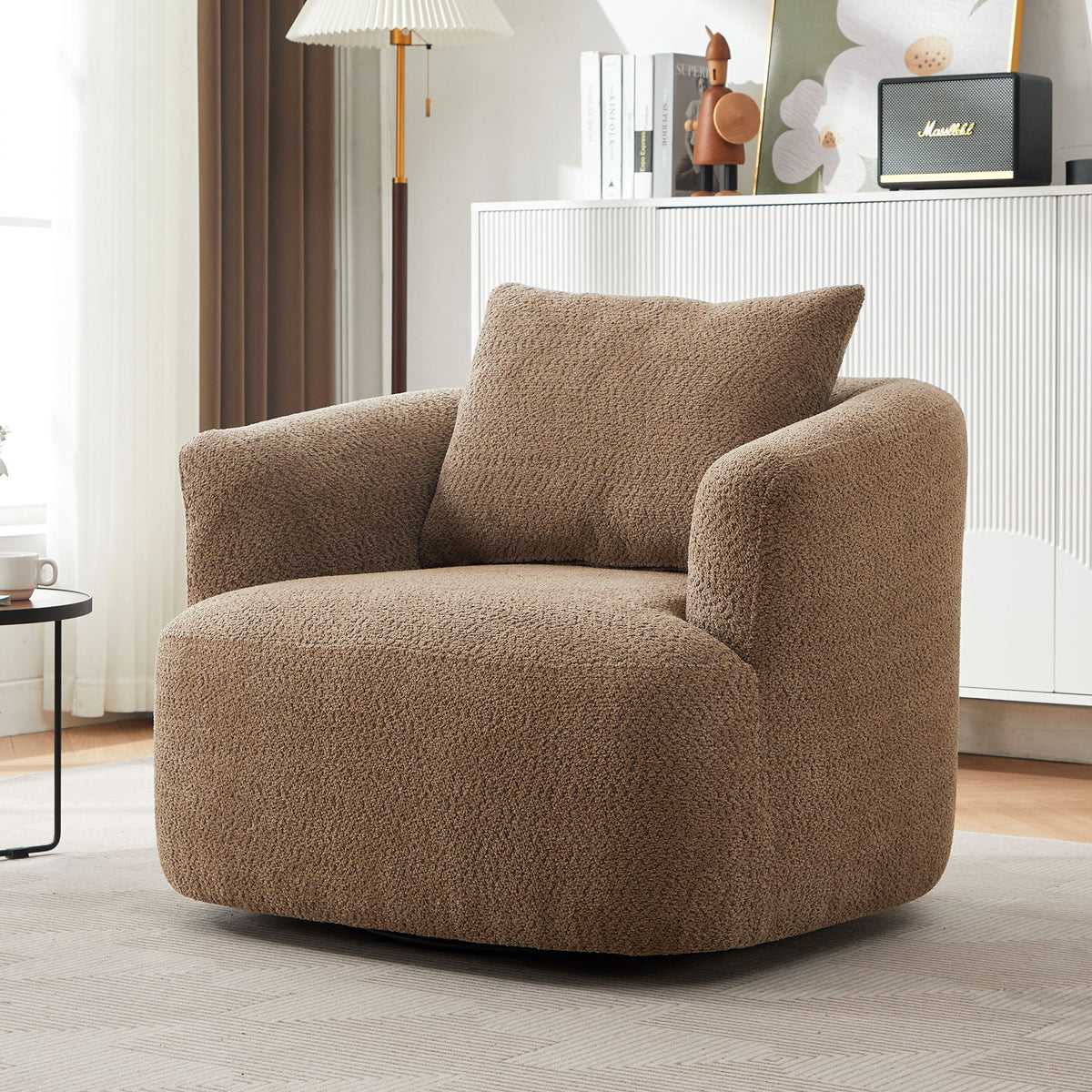 360° Swivel Barrel Sofa Chair With Throw Pillow, Upholstered Accent Chair