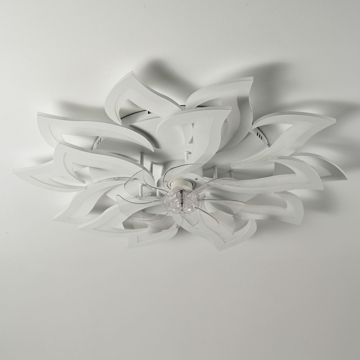 15 Leaves Ceiling Fan With Remote Controlled LED Light, Low Profile With 6 Speeds And Timer For Living Room - White