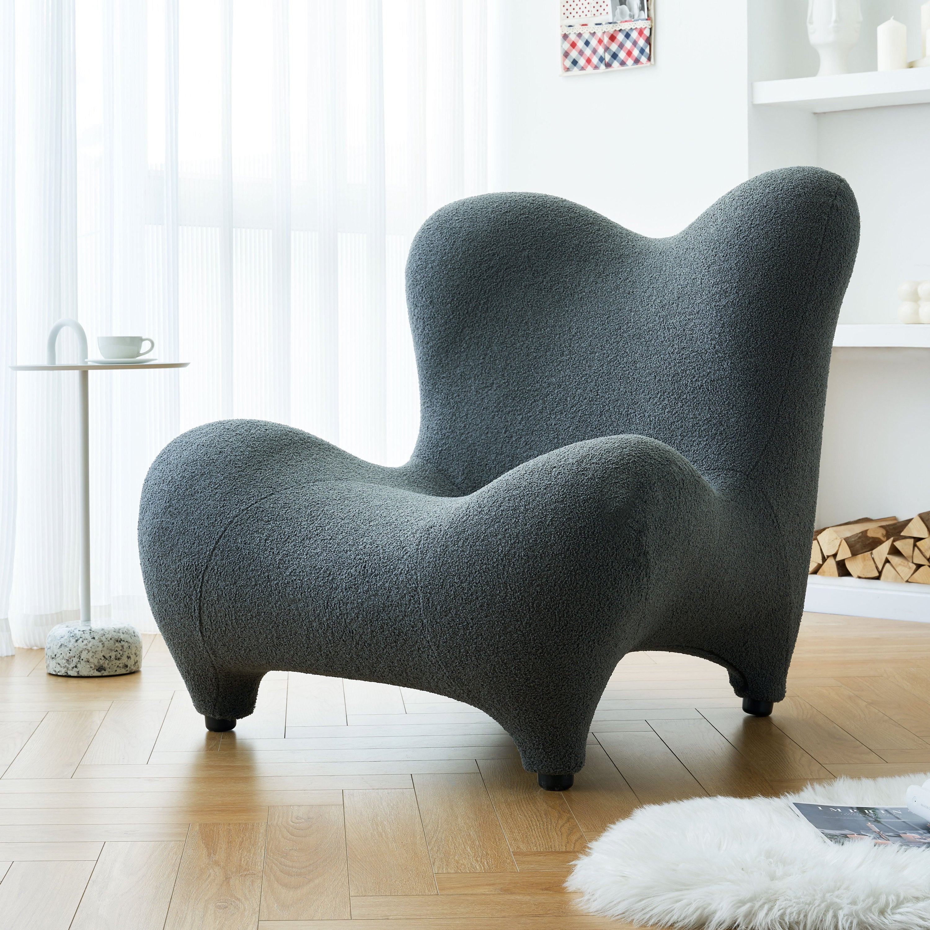 Modern Accent Chair and Ottoman Set, High Back Sherpa Blouce Fabric Armchair with Footstool for Living Room, Lounge, Bedroom, Reading Room, Office