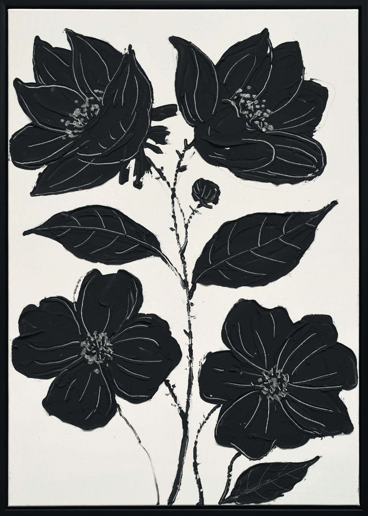"Nocturnal Blooms I" Hand-Painted Canvas In Frame - Black