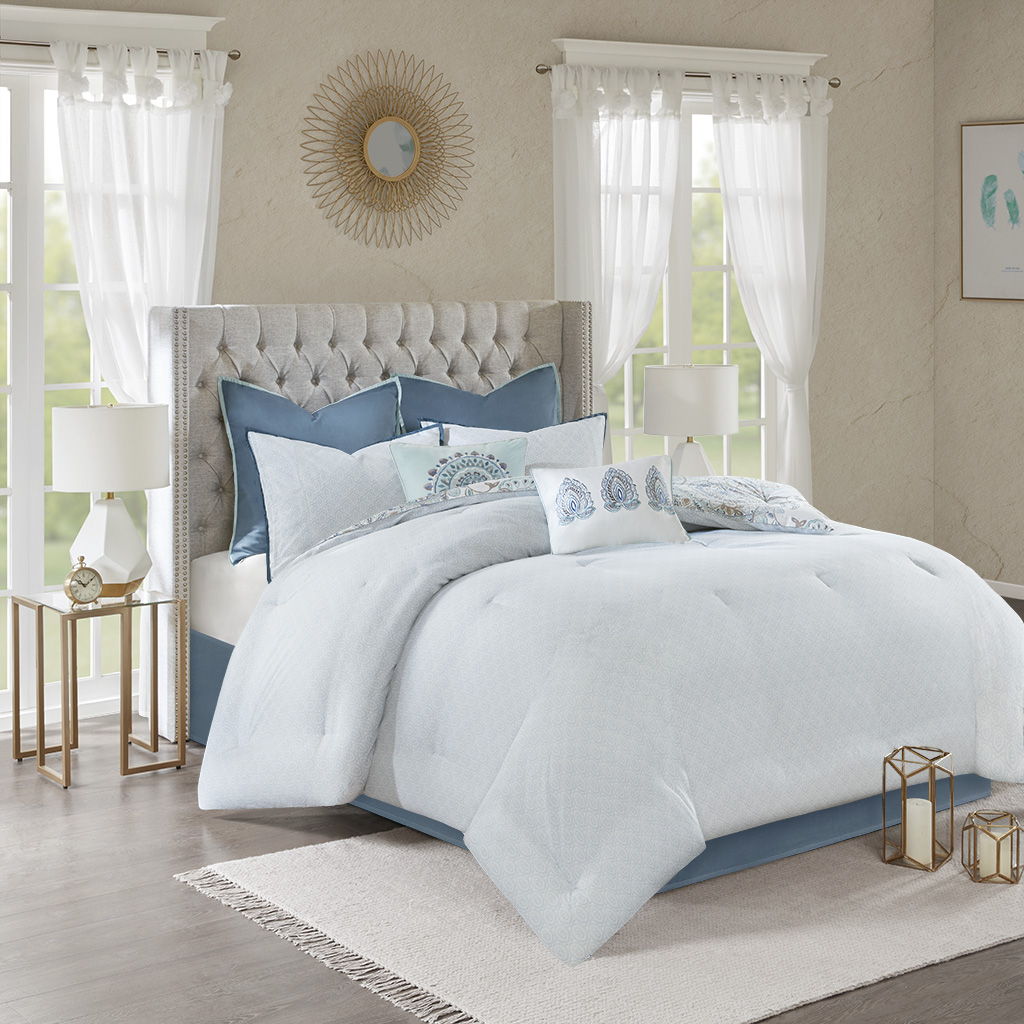 Isla - Queen 8 Piece Printed Reversible Comforter Set - Blue