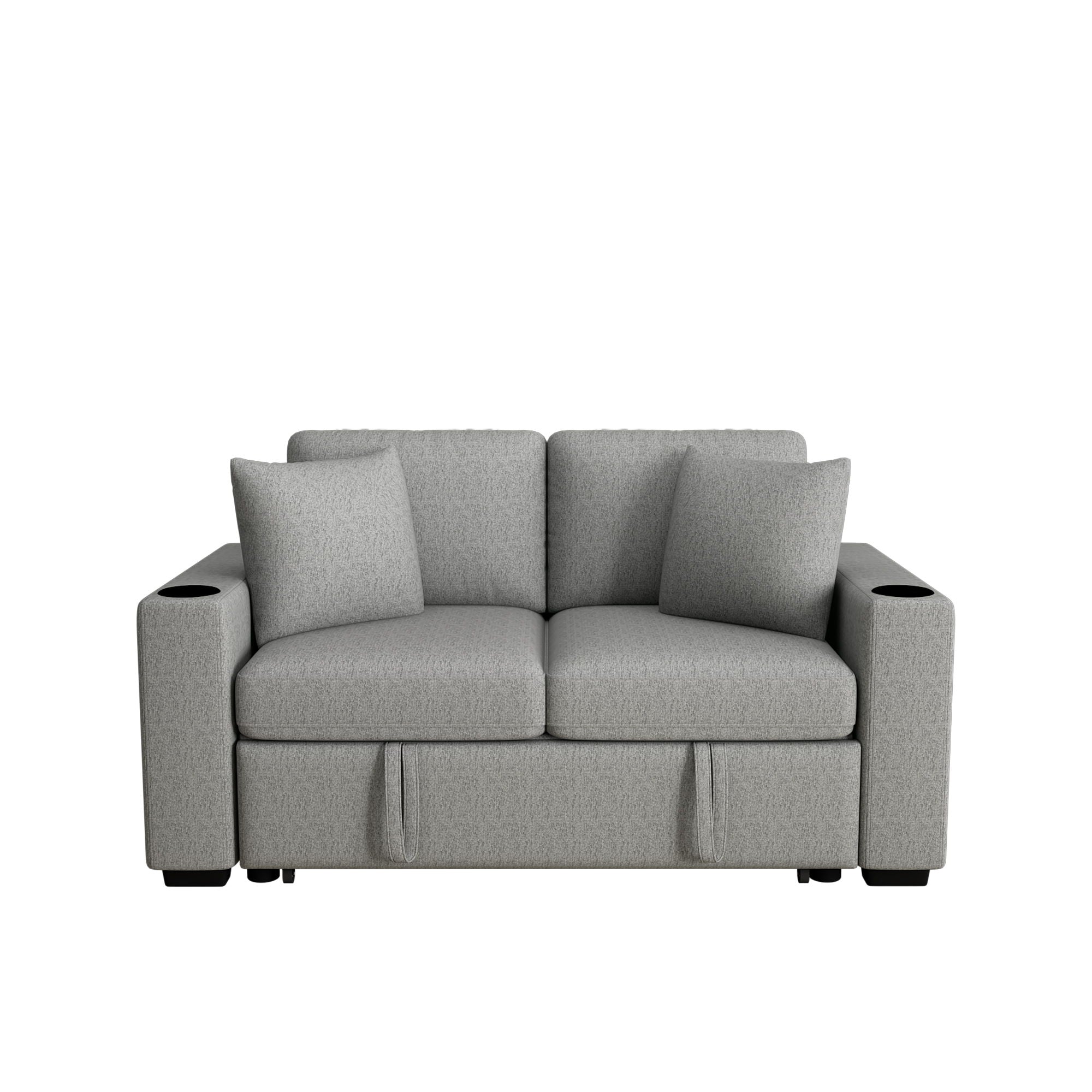 Modern 2 Seater Loveseat Sofa With Pull-Out Bed, Fabric, Built-In USB Ports & Cup Holders