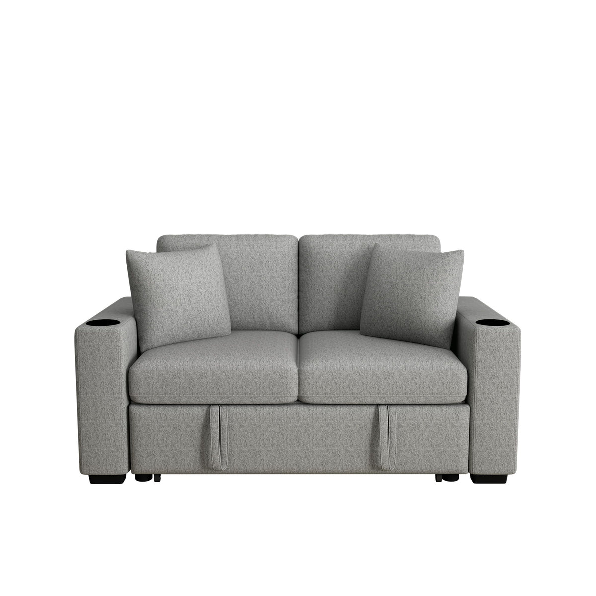 Modern 2 Seater Loveseat Sofa With Pull-Out Bed, Fabric, Built-In USB Ports & Cup Holders