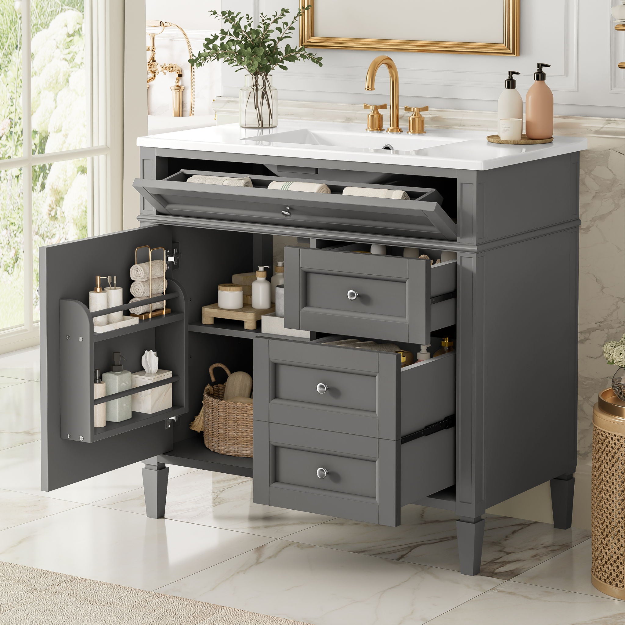Bathroom Vanity With Top Sink, 2 Drawers, Tip Out Drawer