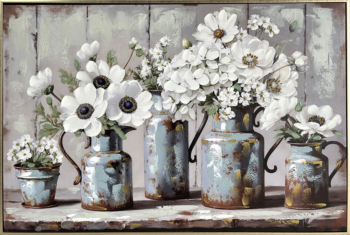 Rustic Blossoms Study Hand-Embellished Canvas In Frame - Blue / Gray