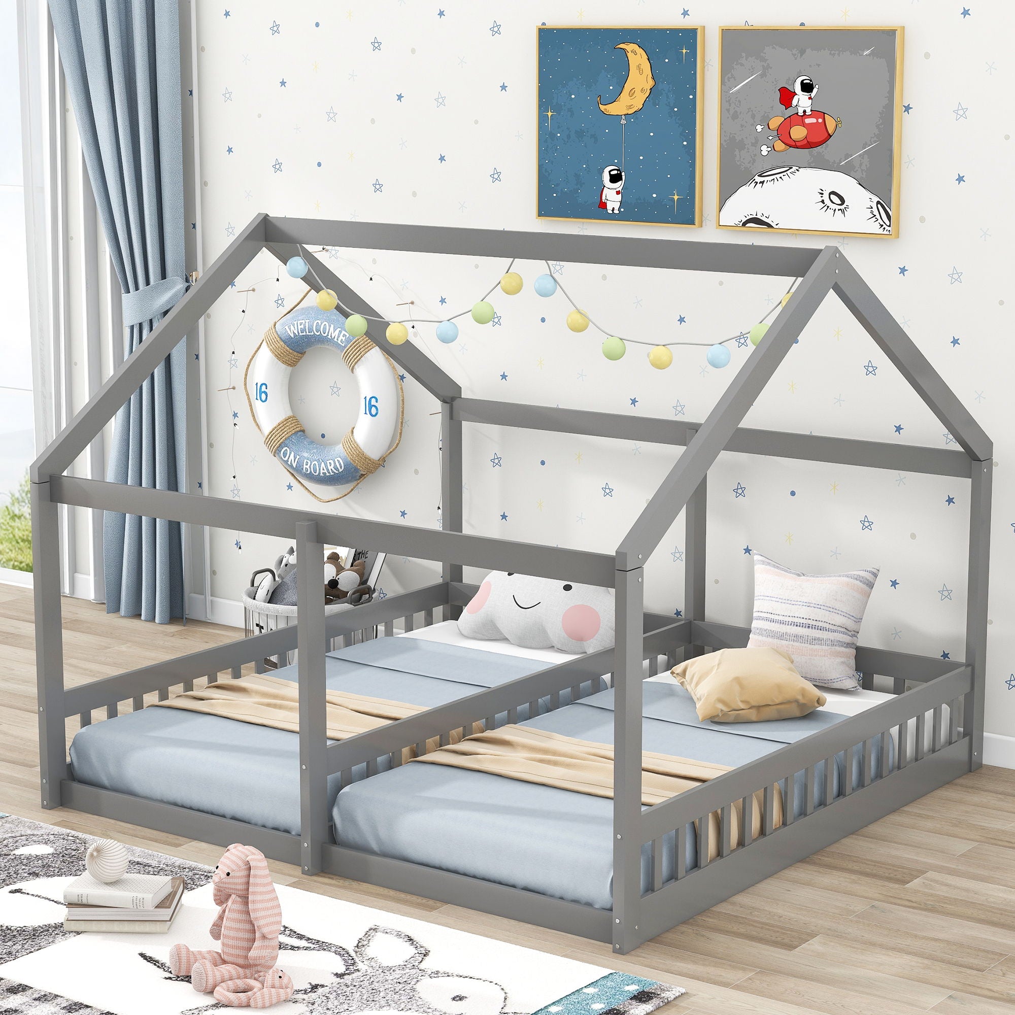 House Platform Beds, 2 Shared Beds, Metal Frame With Guardrails
