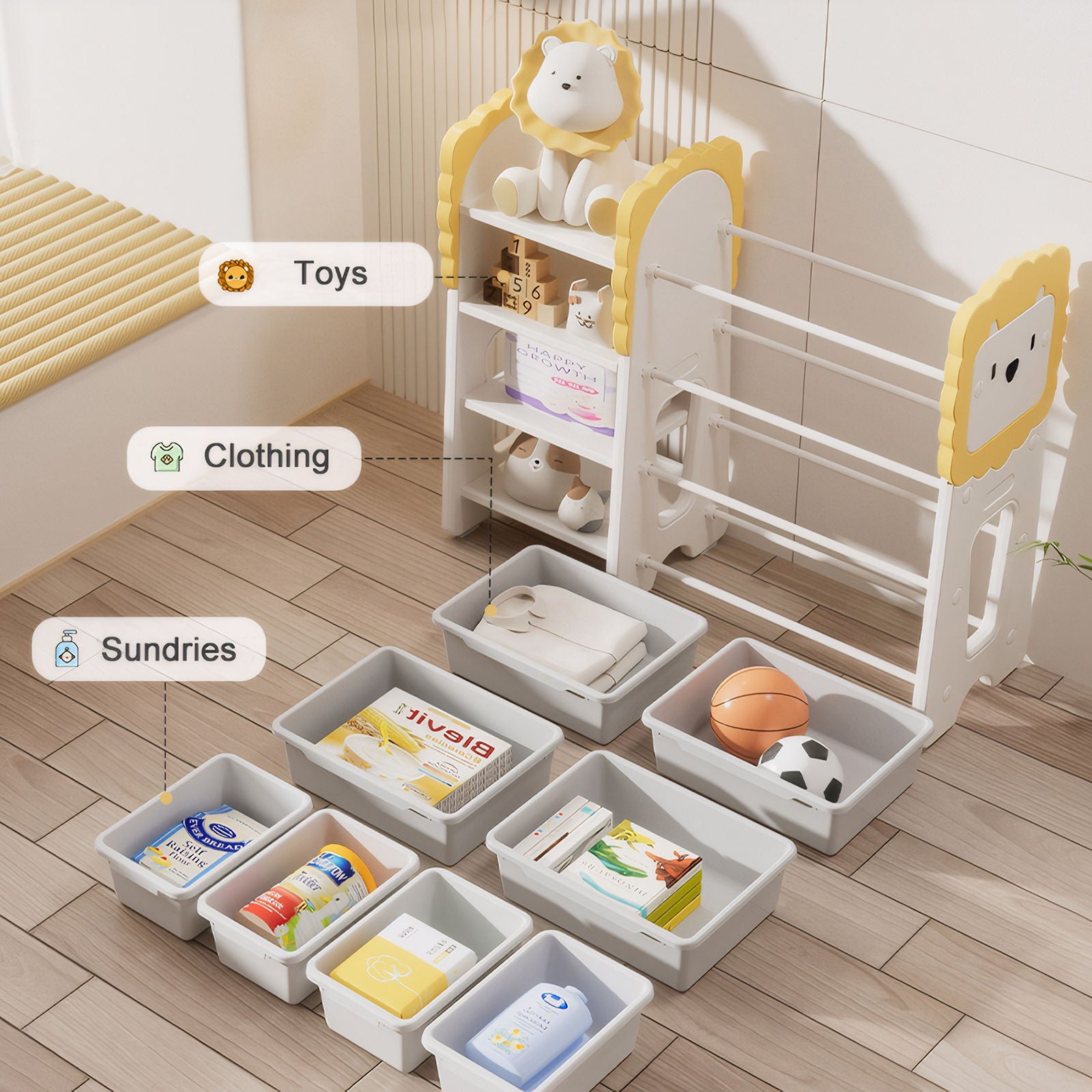 Kids Bookshelf And Toy Storage, 4 Tier Toy Organizers With 8 Removable Storage Bins, Kids Toy Storage Organizer For Study Room - Gray / White / Yellow