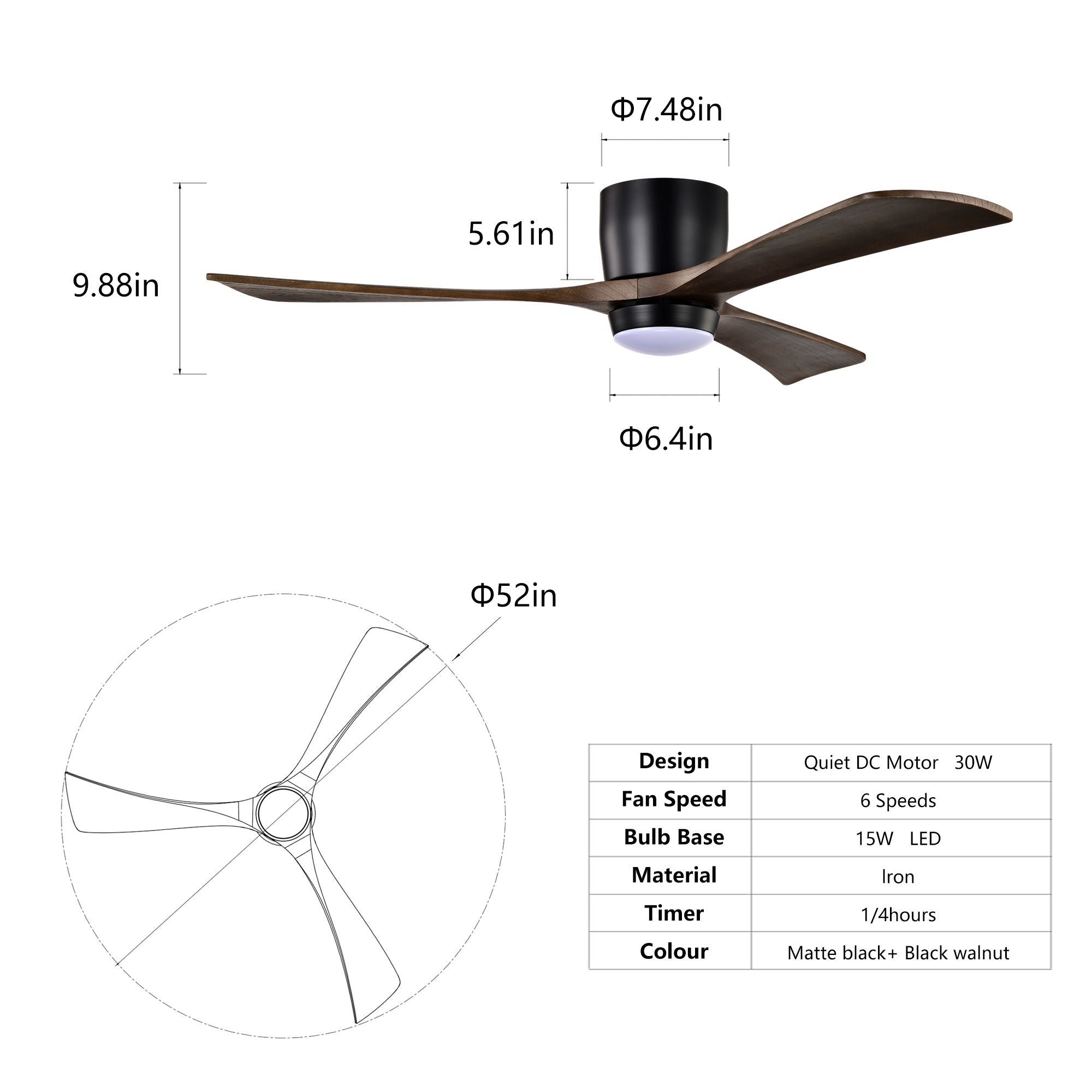 Flush Mount Blades Ceiling Fan With Lights Remote Control, Quiet DC Motor, 6 Speed, Reversible Ceiling Fan For Living Room - Matte Black