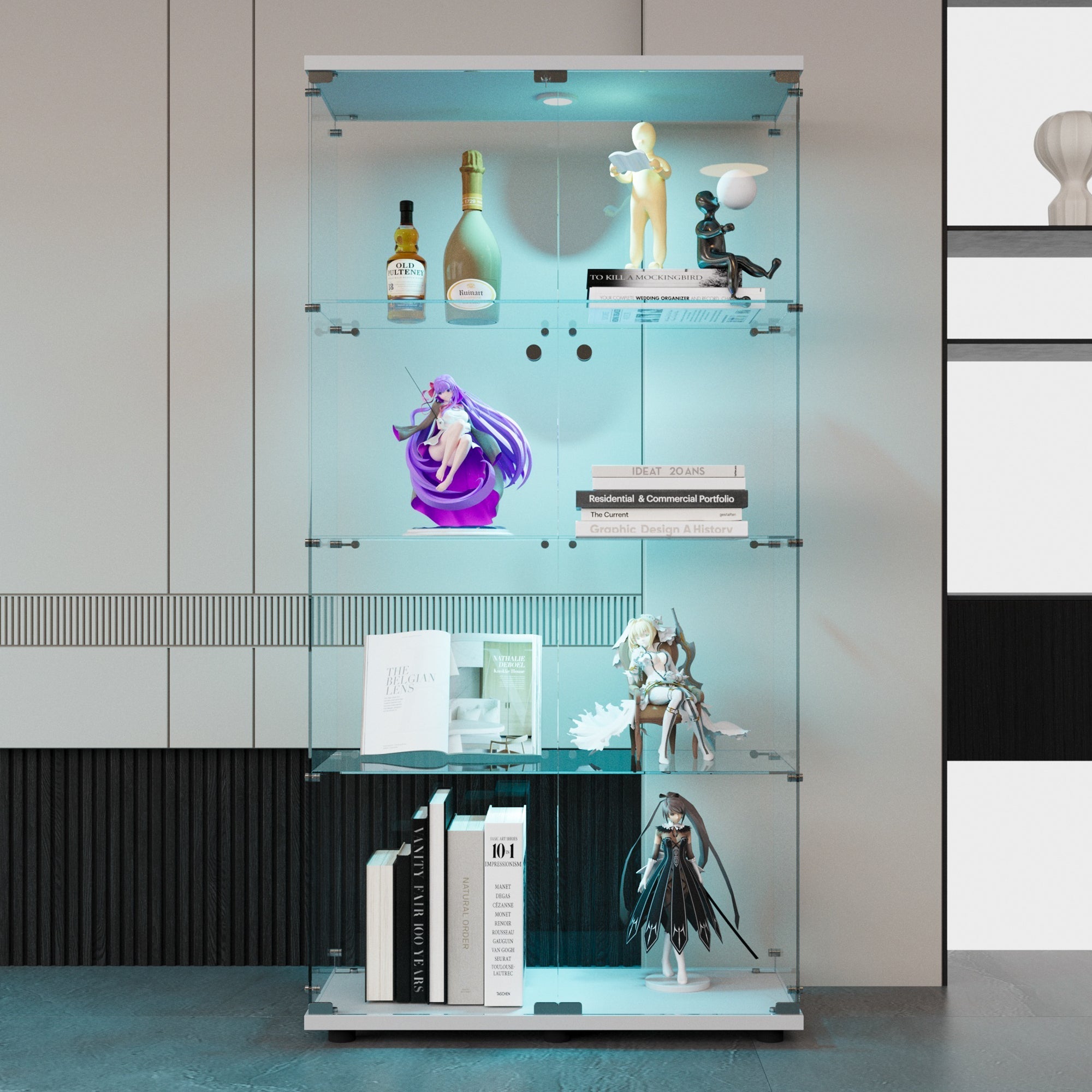 Two-door LED lights Glass Display Cabinet 4 Shelves with Door, Floor Standing Curio Bookshelf for Living Room Bedroom Office, 64.7"*31.7"*14.3", White