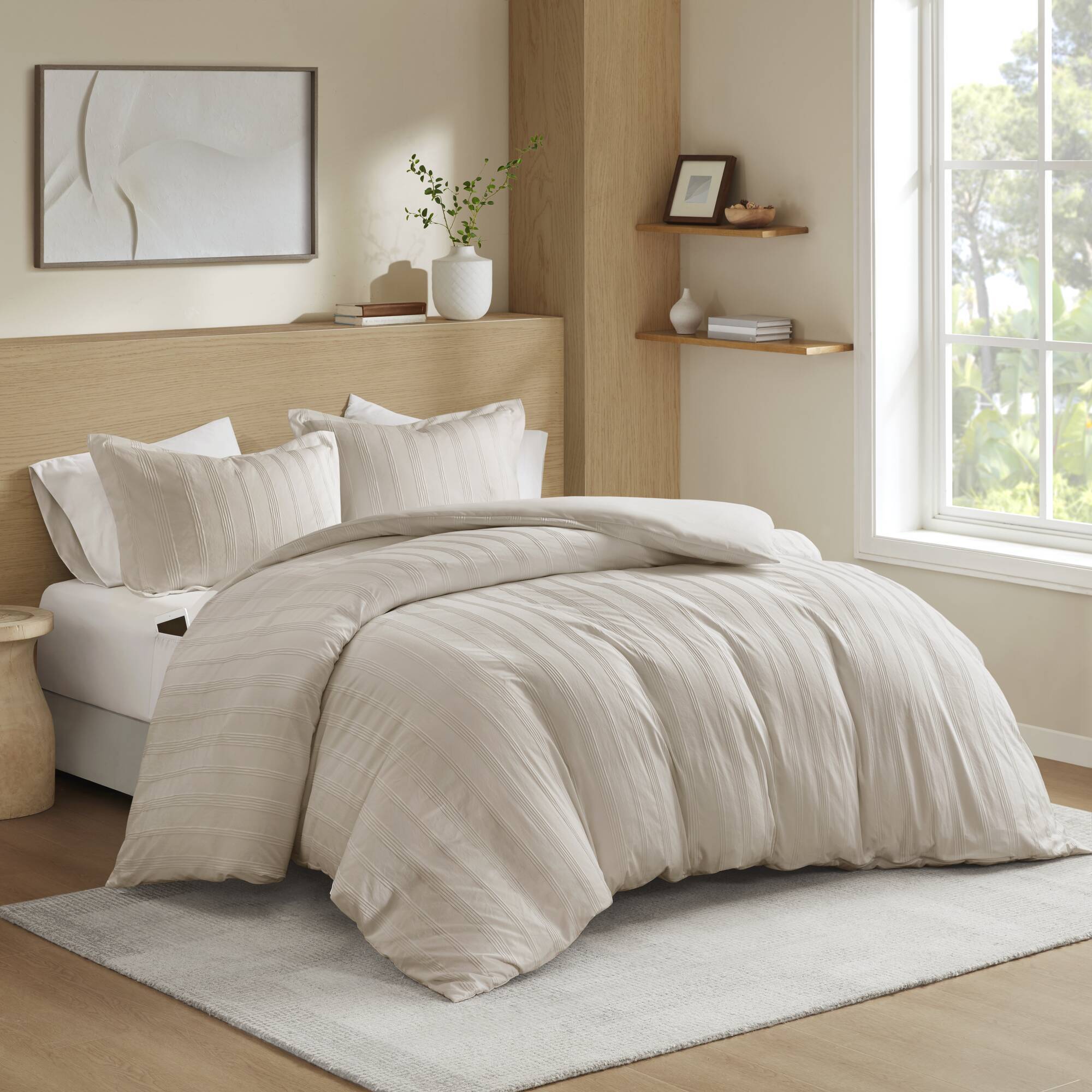 Logan - Full Striped Duvet Set - Neutral