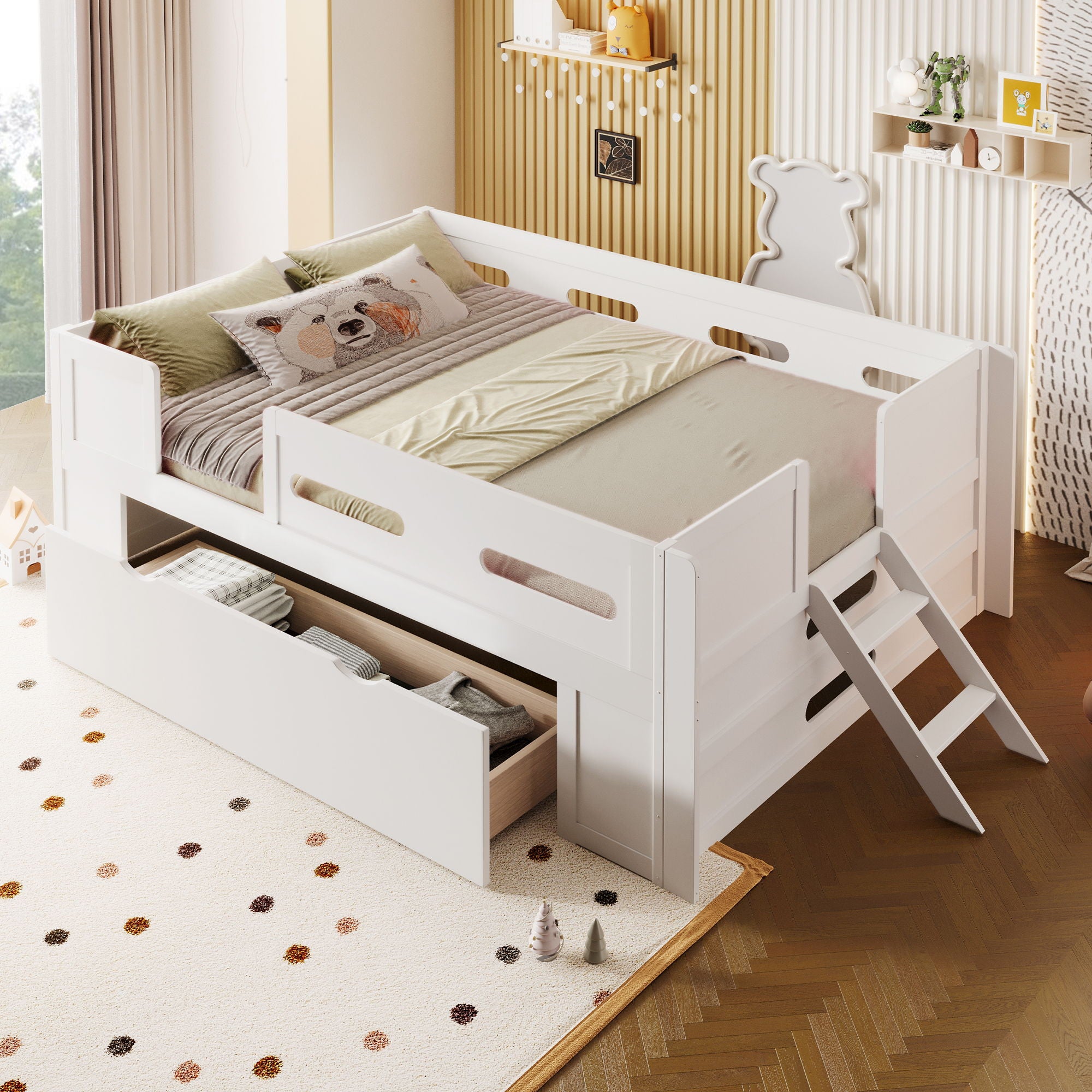 Platform Bed With Guardrail And Drawer