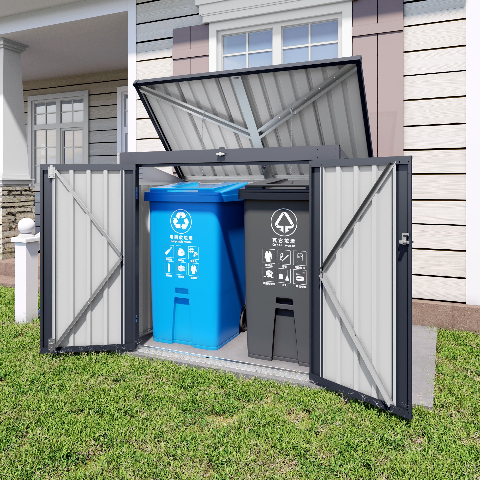 Outdoor Trash Can Storage Shed For 2 Bins Garbage - Gray