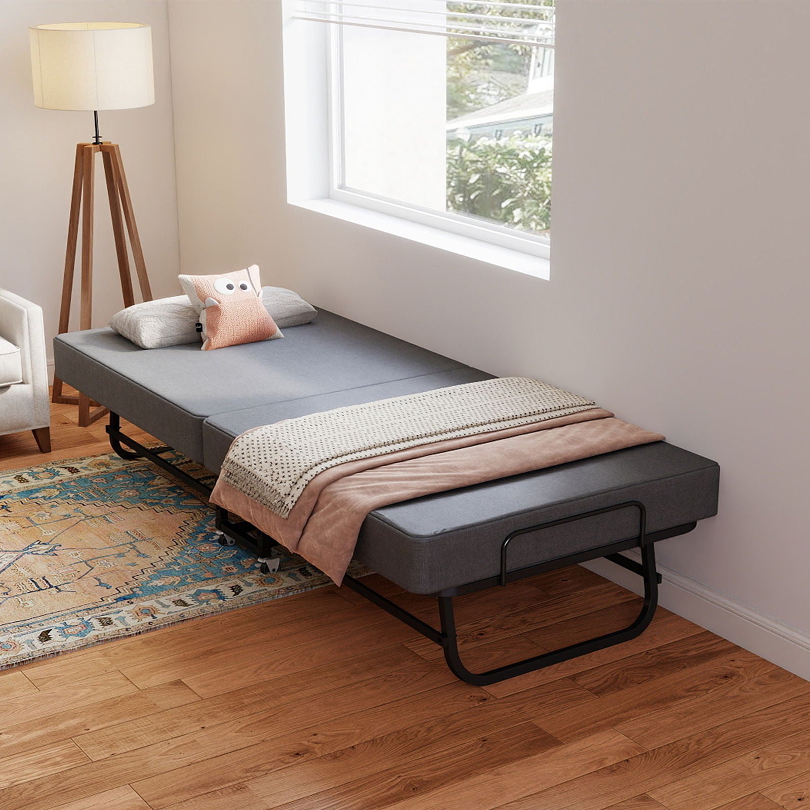 Twin Folding Bed With Memory Foam Mattress, 4 Lockable Wheels - Gray