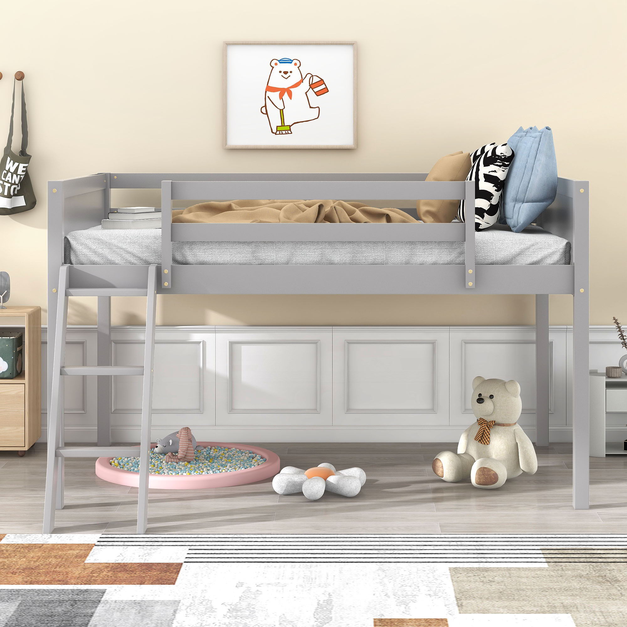 Low Loft Bed With Adjustable Ladder