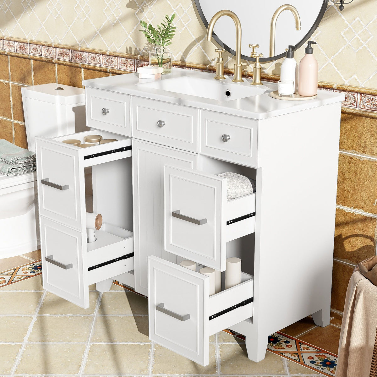 Bathroom Vanity With Ceramic Sink, Soft Close Doors, Adjustable Shelves