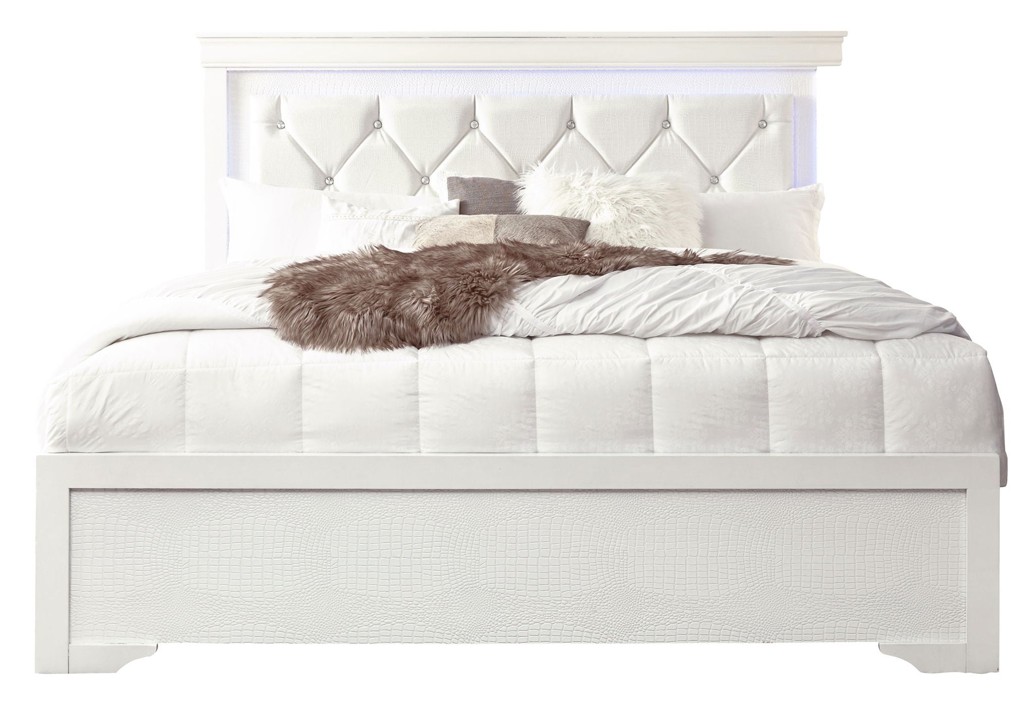 Pompei - Queen Bed Headboard With LED And Footboard - Metallic White