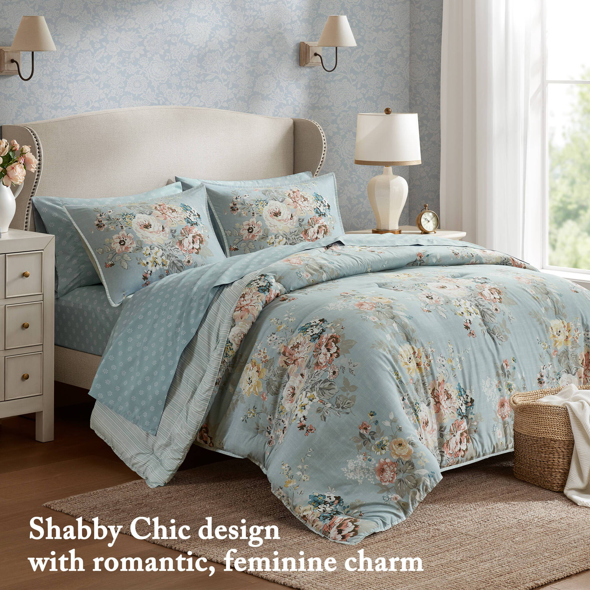 Heather - California King 7 Piece Vintage-Inspired Floral Print - Soft Blue