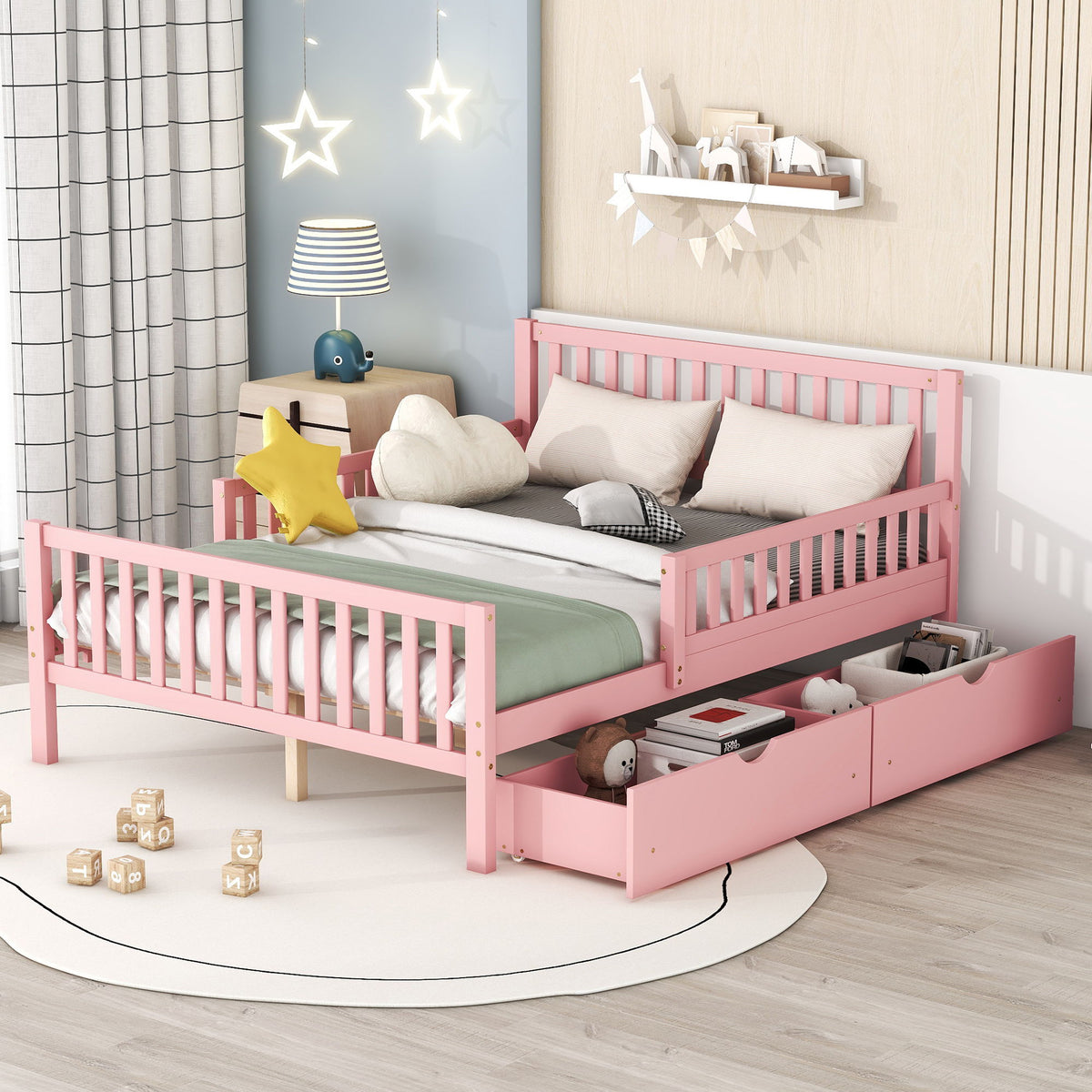 Platform Bed With Guardrails On Both Sides And 2 Storage Drawers