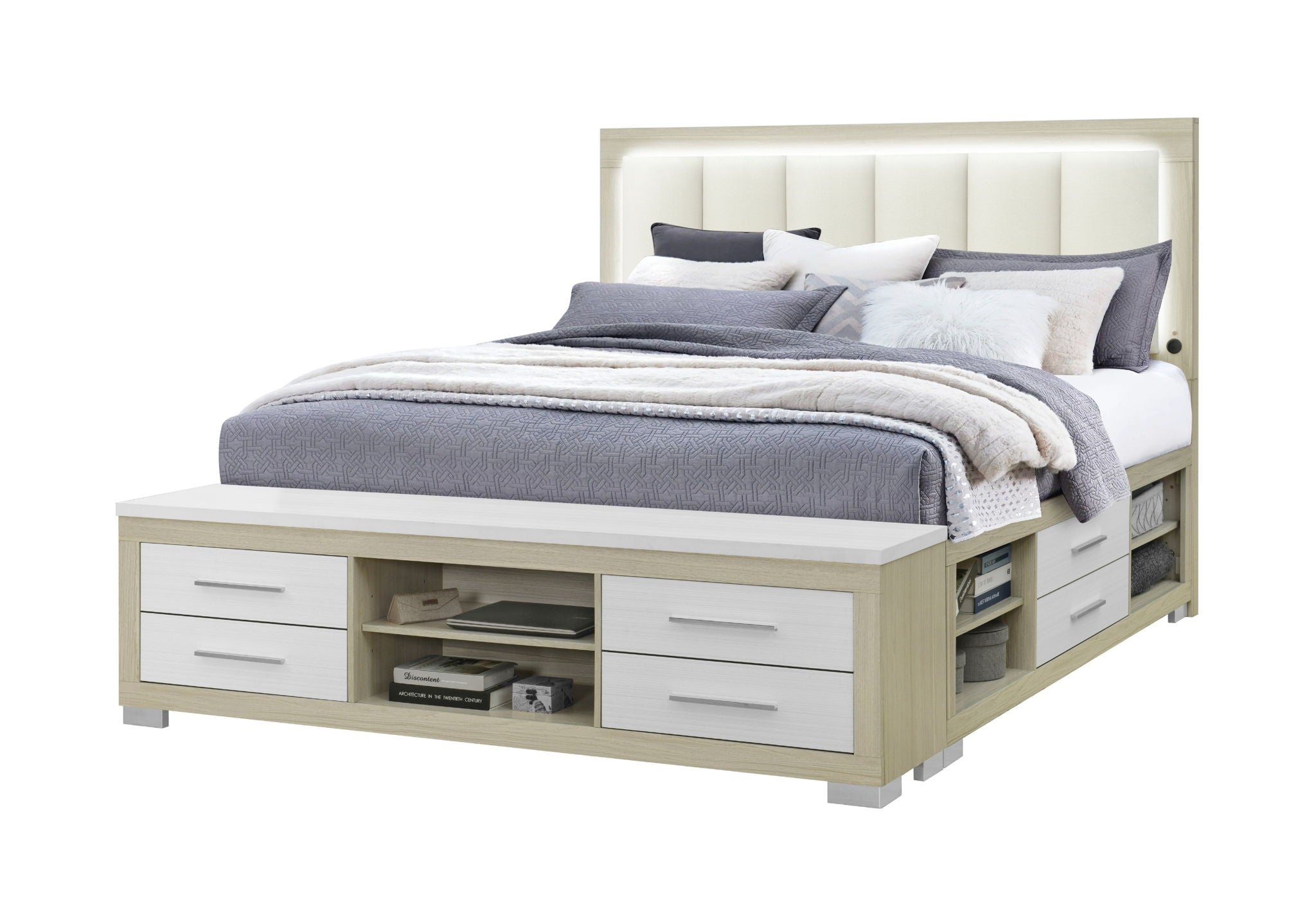 Emma - King Bed Headboard With LED And USB - Natural / White