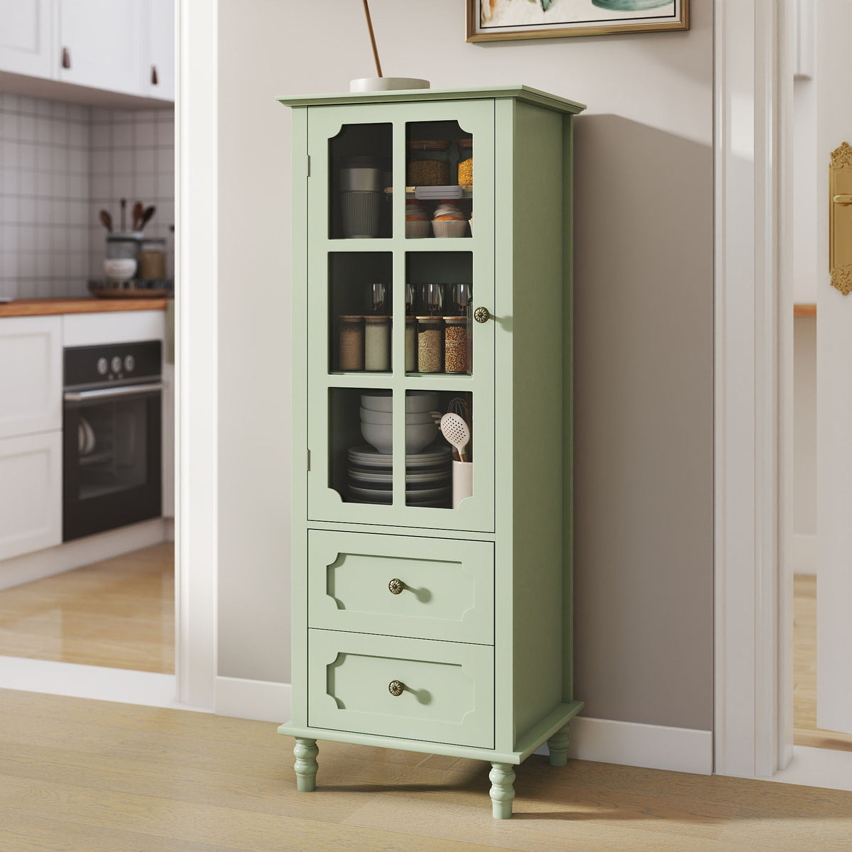 Buffet Cabinet With Doors And Double Drawer, Storage Sideboard Cupboard For Dining Room - Mint Green
