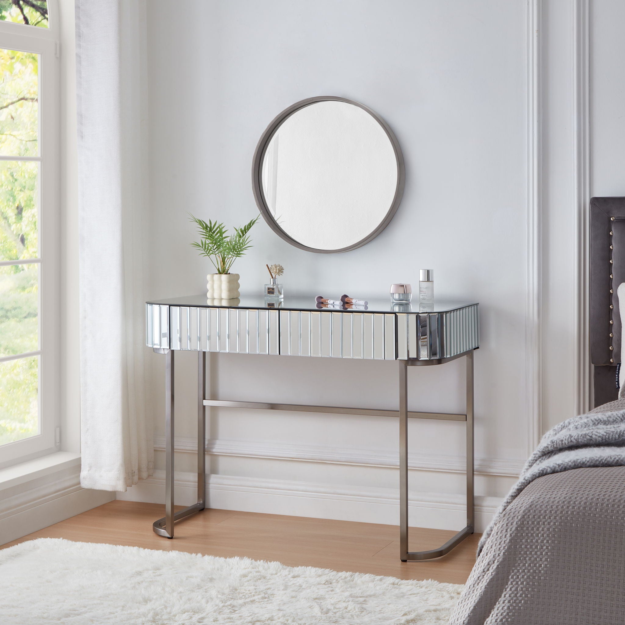 Mirrored Makeup Vanity Table With Stainless Steel Base And 2 Drawers