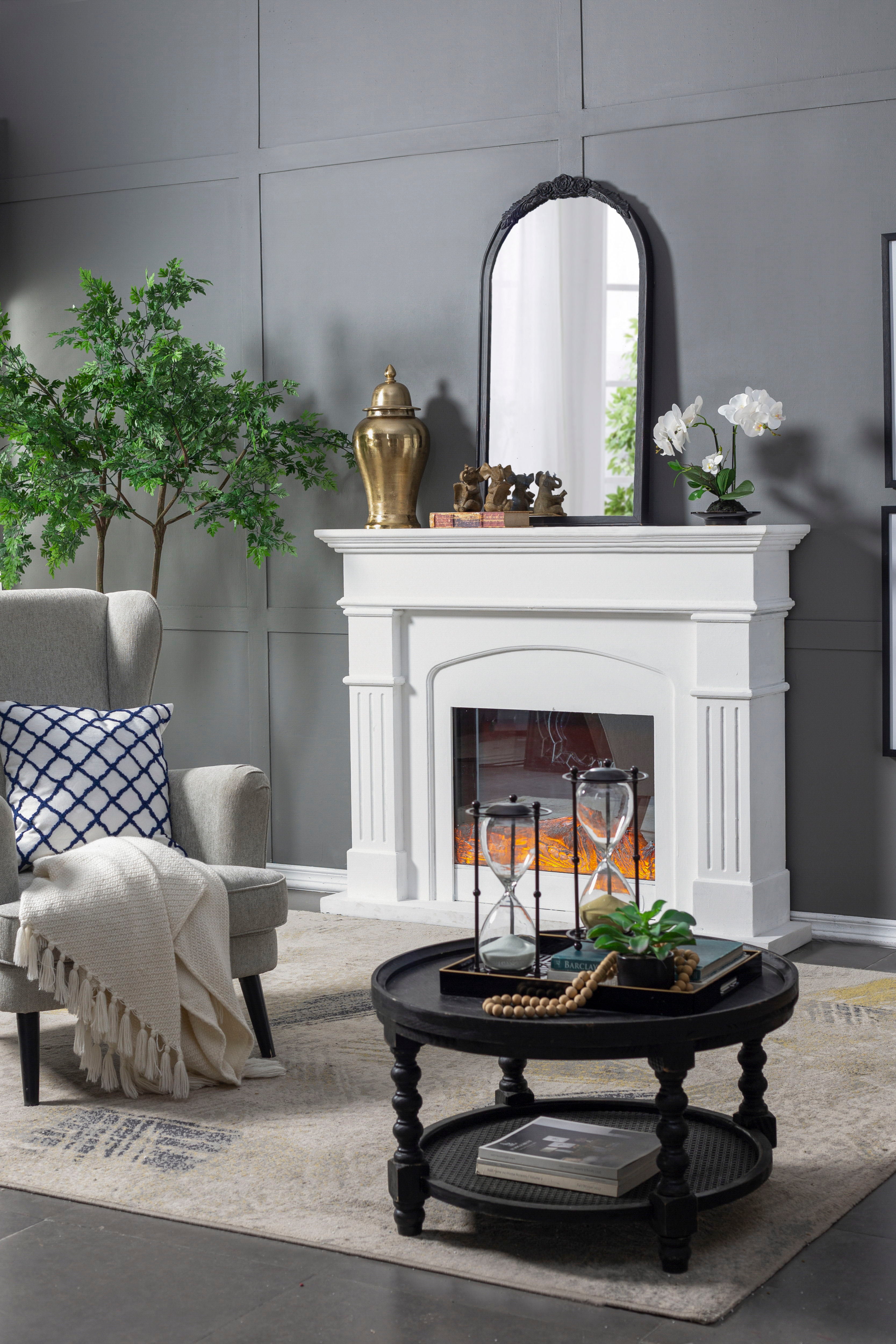 Hand Carved Rose Antique Mirror Frame, Wood Arch Mirror Wall Decor For Living Room