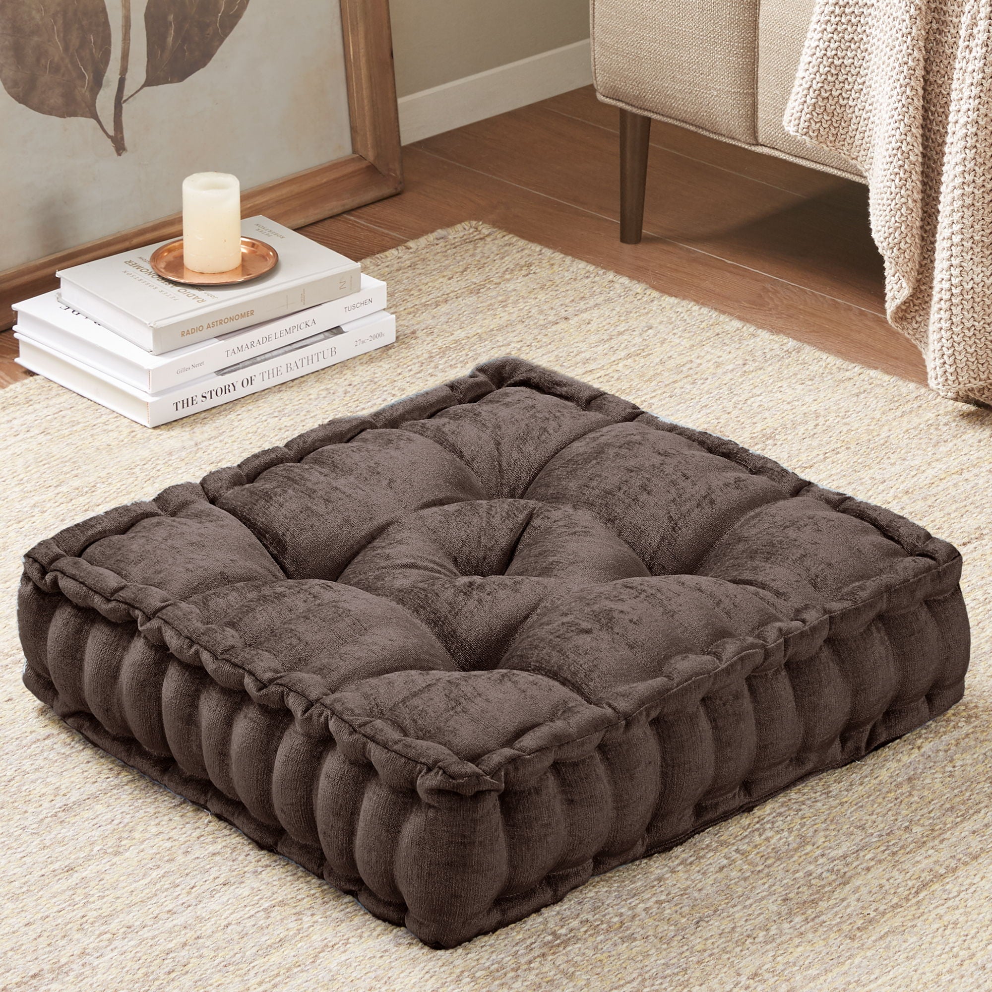 Azza - Poly Chenille Square Floor Pillow Cushion Compress Pack - Brown