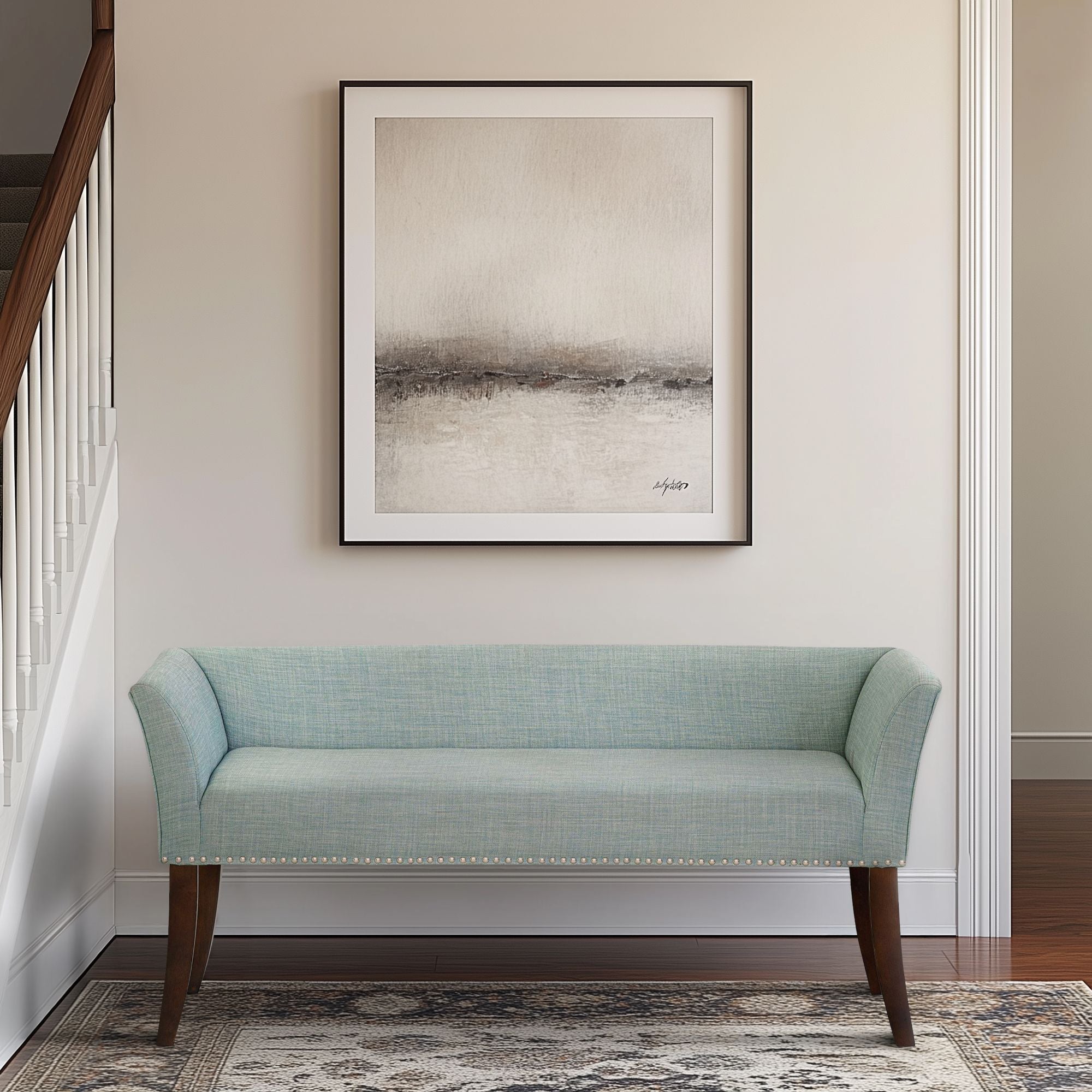 Welburn - Upholstered Bench With Back & Legs - Light Blue