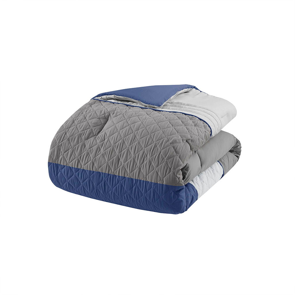 Greer - 7 Piece Color Block Stripe Comforter Set With Throw Pillows - Blue