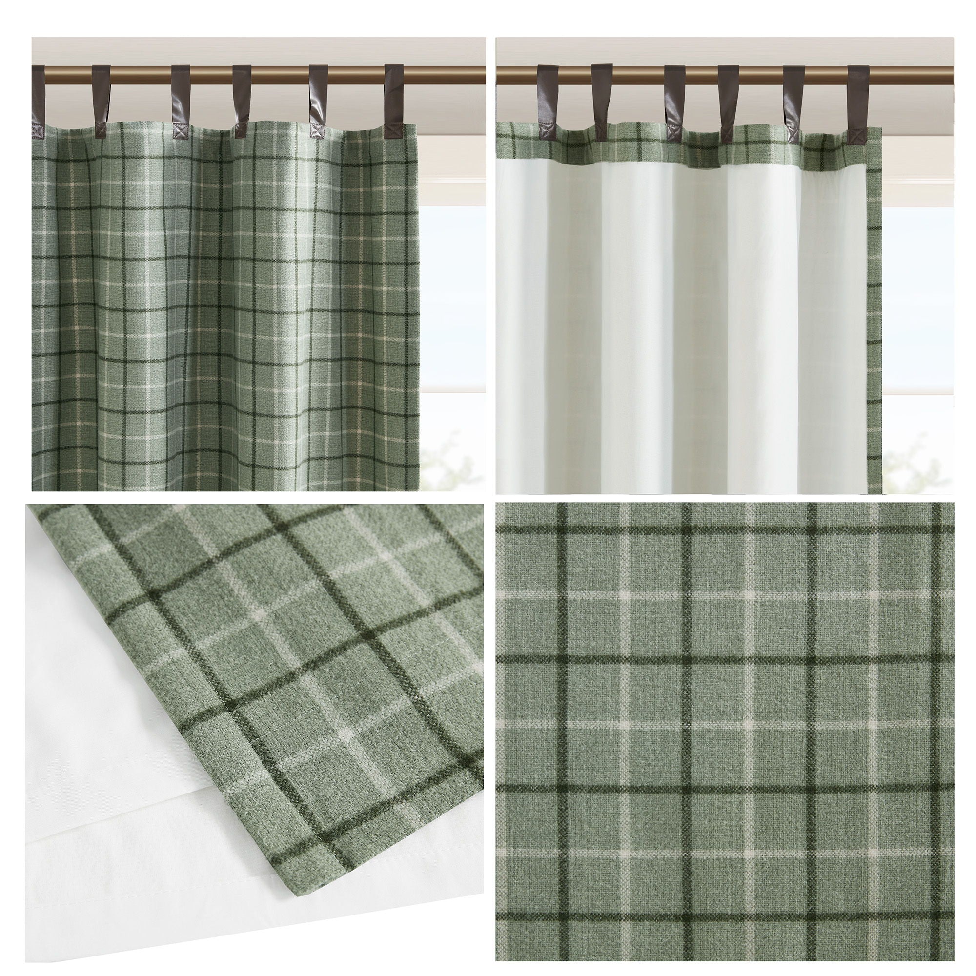 Anaheim - Plaid Faux Leather Tab Top Curtain Panel With Fleece Lining - Green