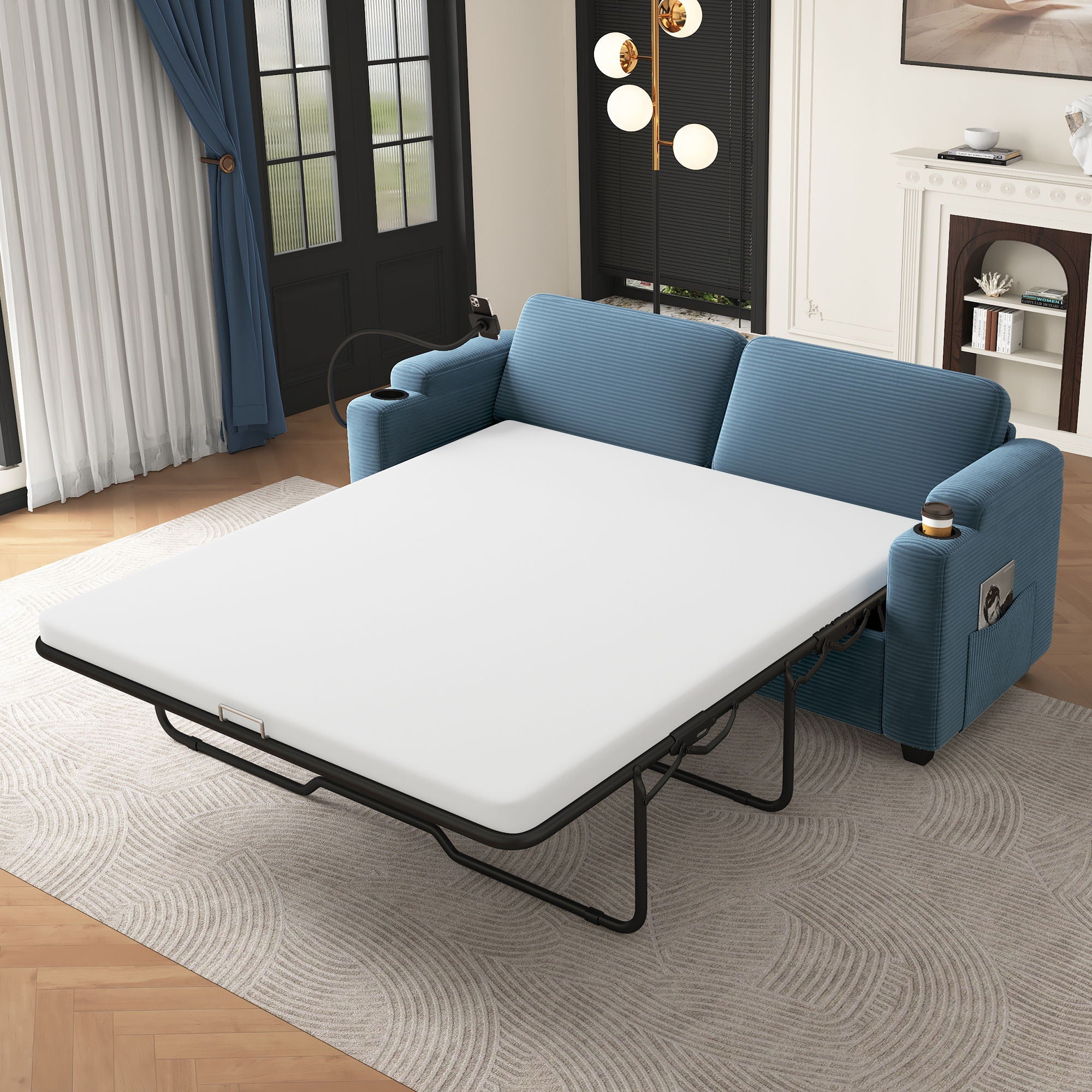 Sleeper Sofa Loveseat Sofa With Full Size Mattress, 2 USB Ports, 2 Cup Holders, 2 Side Pockets And Phone Holder