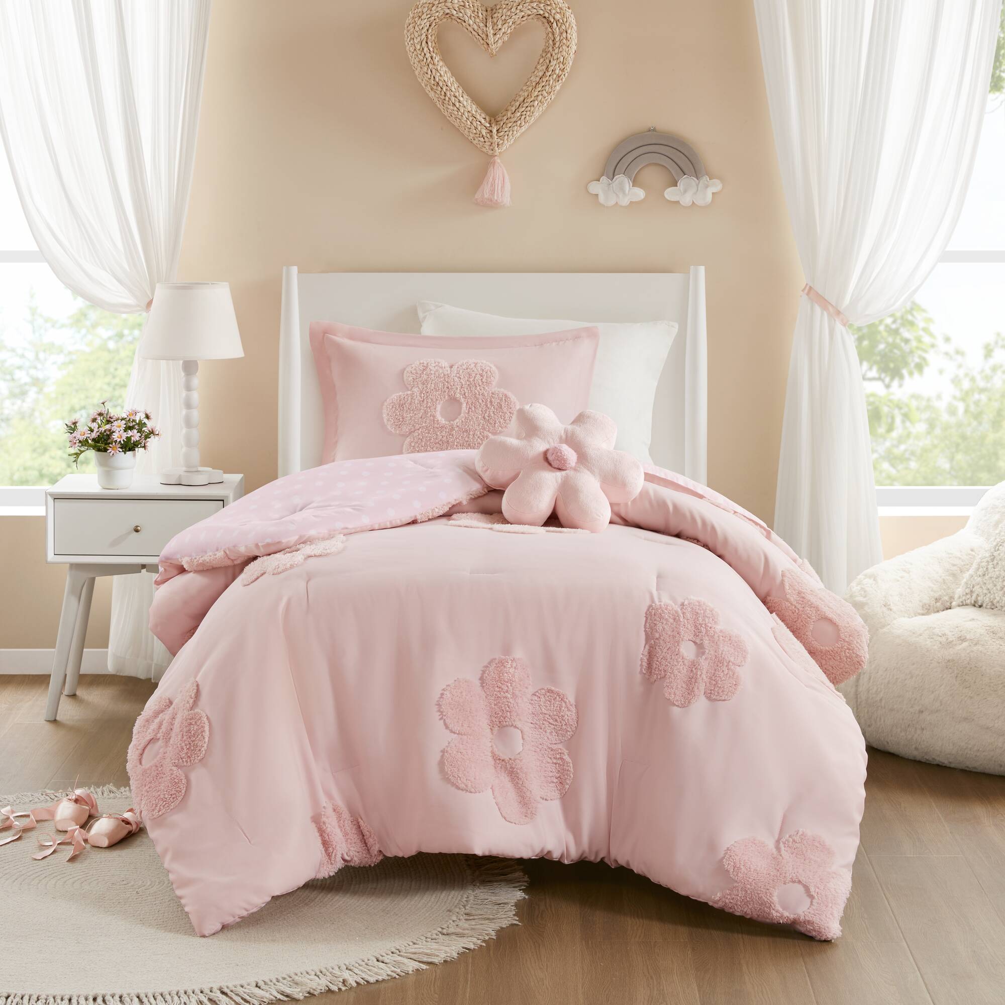 Gracie - Twin Floral Reversible Comforter Set With Flower Throw Pillow - Pink