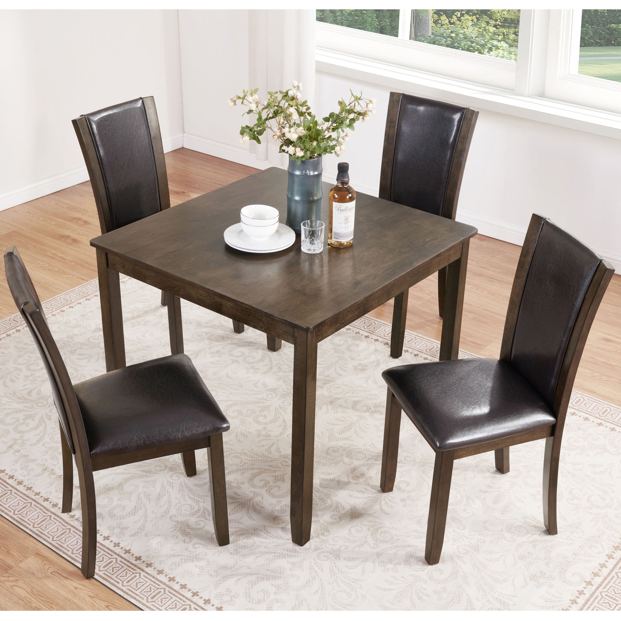 5 Piece Dining Table Set With Chairs - Dark Walnut