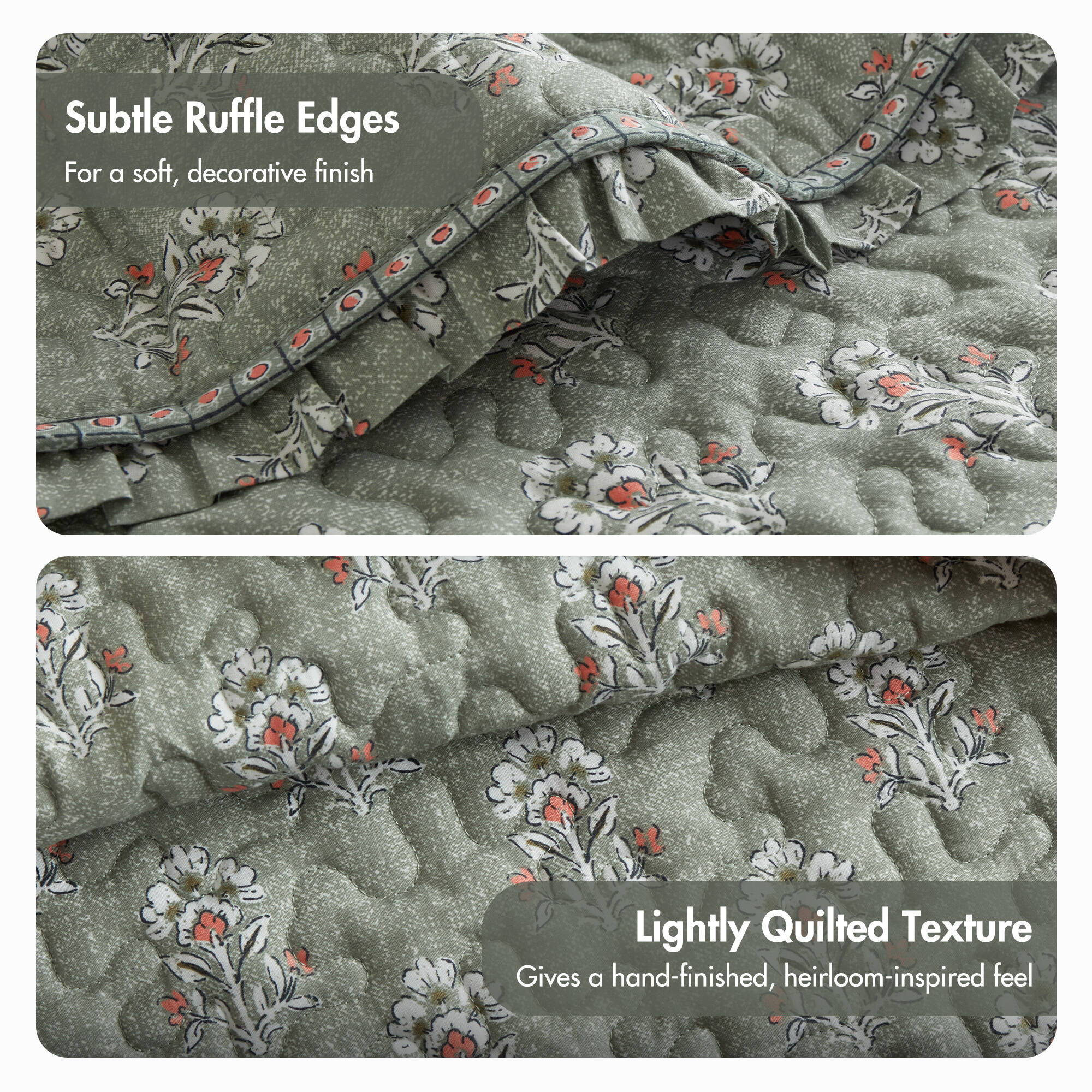 Linwood - King/California King 3 Piece Ruffle Printed Quilt Set - Sage Green