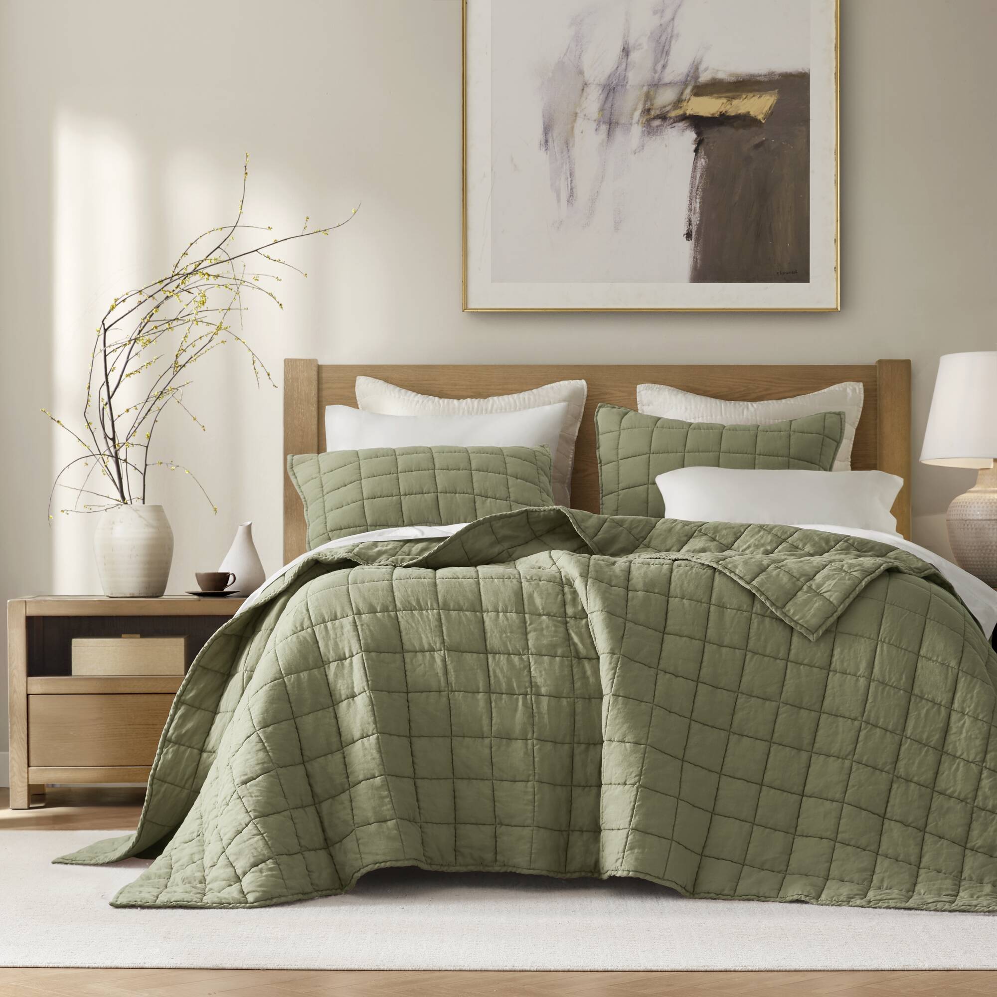 French Flax - Full/Queen Linen Garment Washed Quilt Set - Olive Green