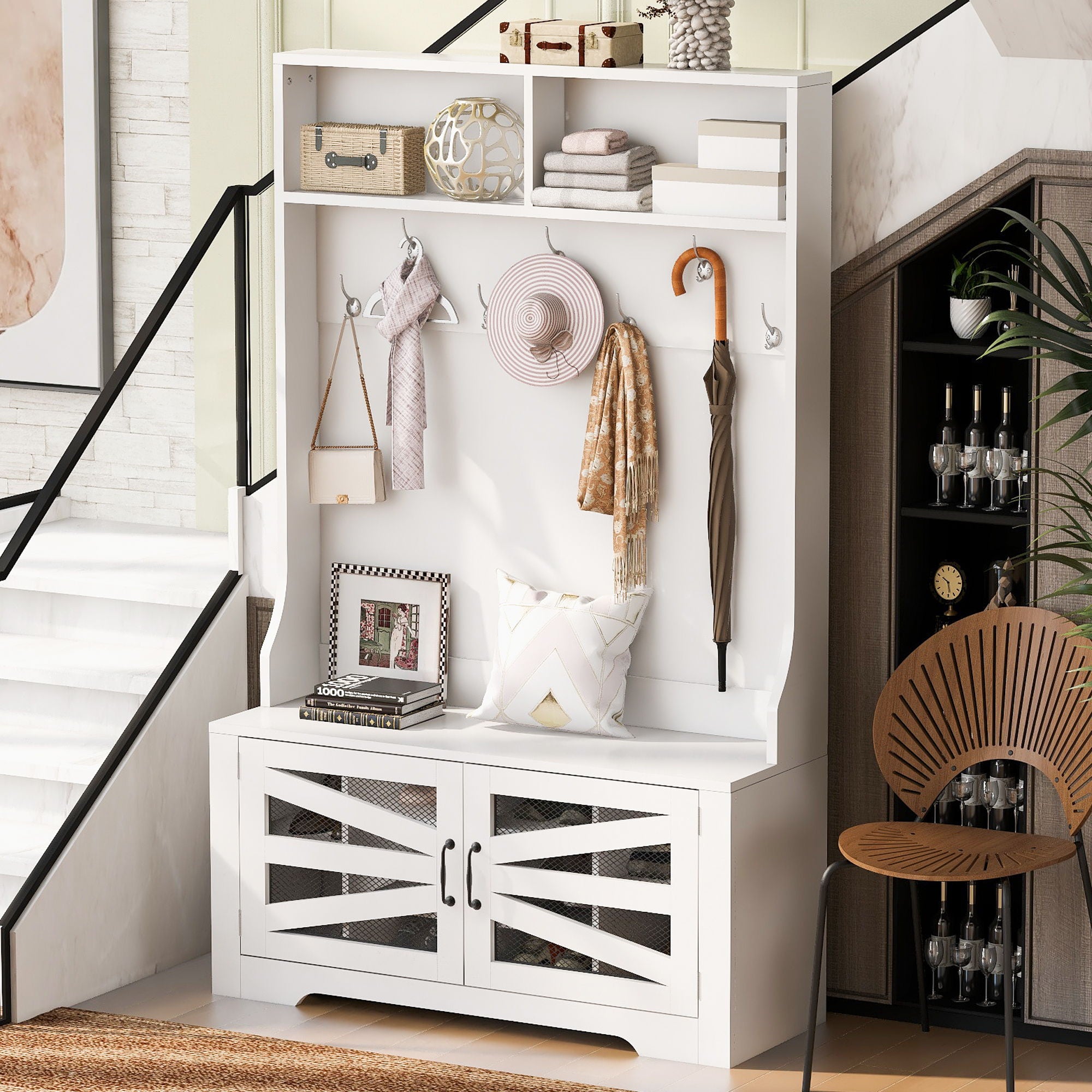 Entryway Bench With Coat Rack, 3 In 1 Design And Adjustable Shelves