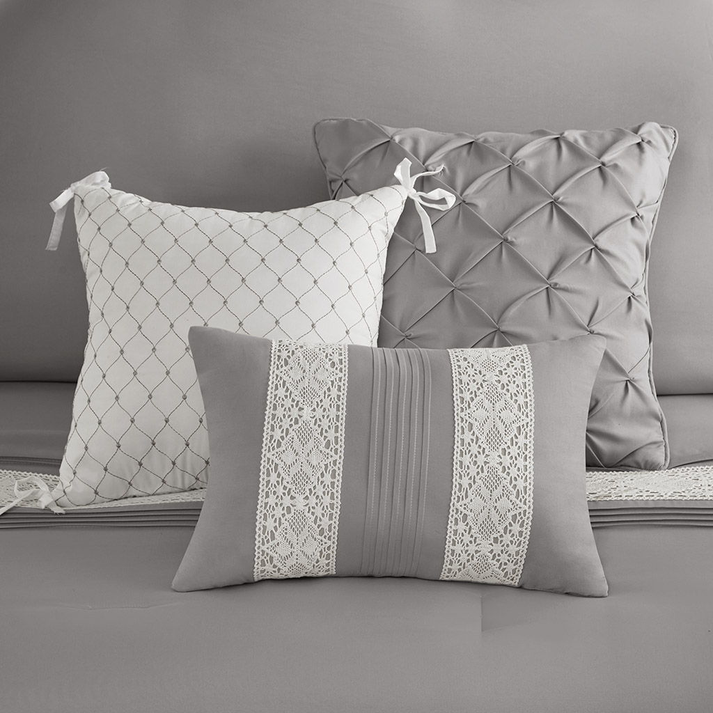 Lacey - 7 Piece Lace Trim Comforter Set With Throw Pillows - Gray