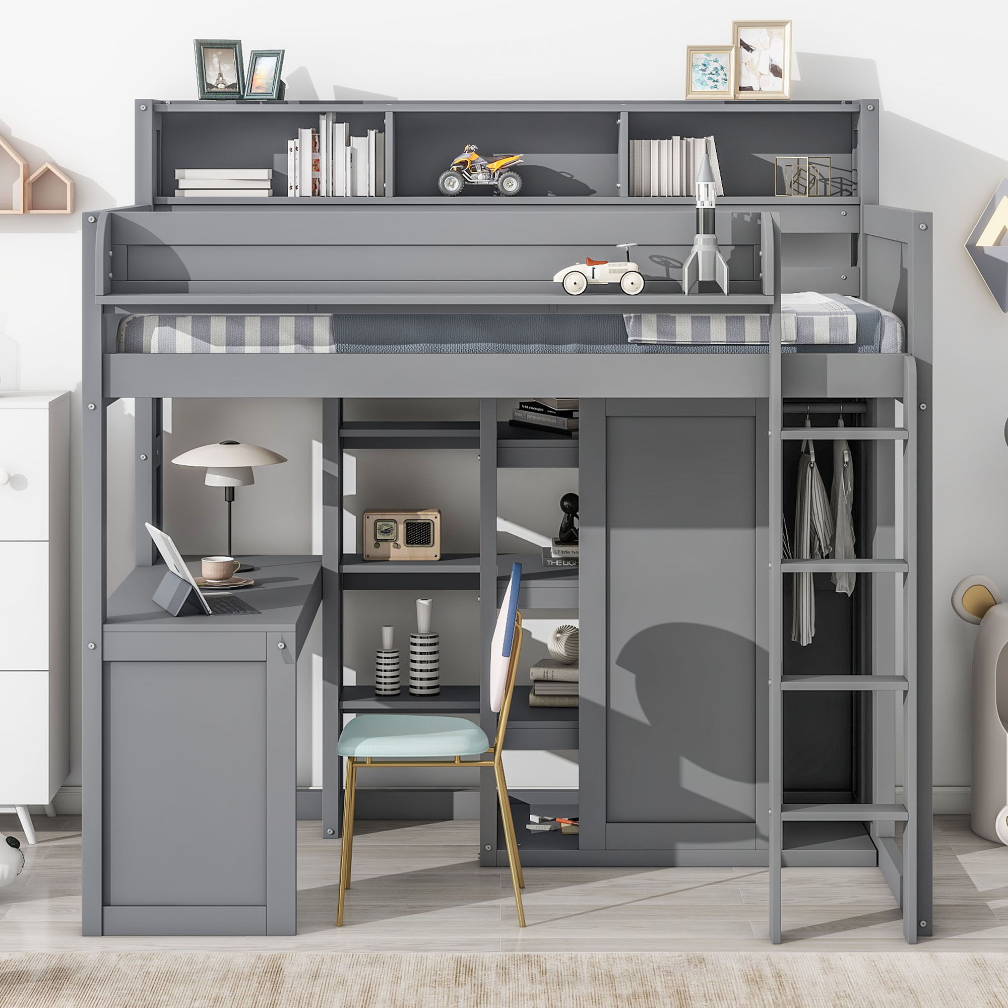 Loft Bed With Built In Desk, Storage Shelves, And Wardrobe