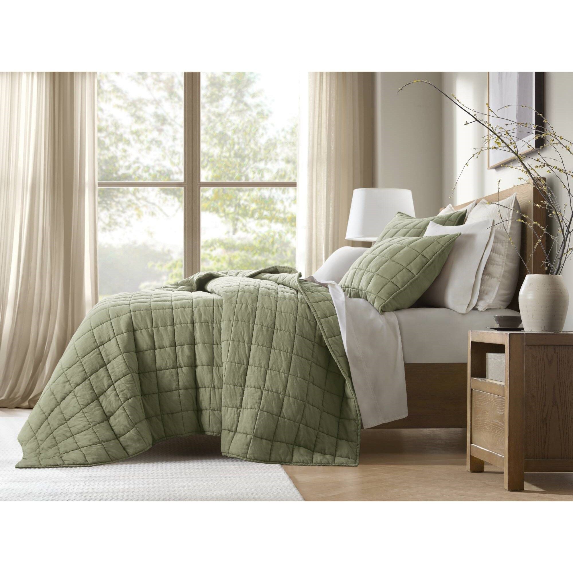 French Flax - Full/Queen Linen Garment Washed Quilt Set - Olive Green