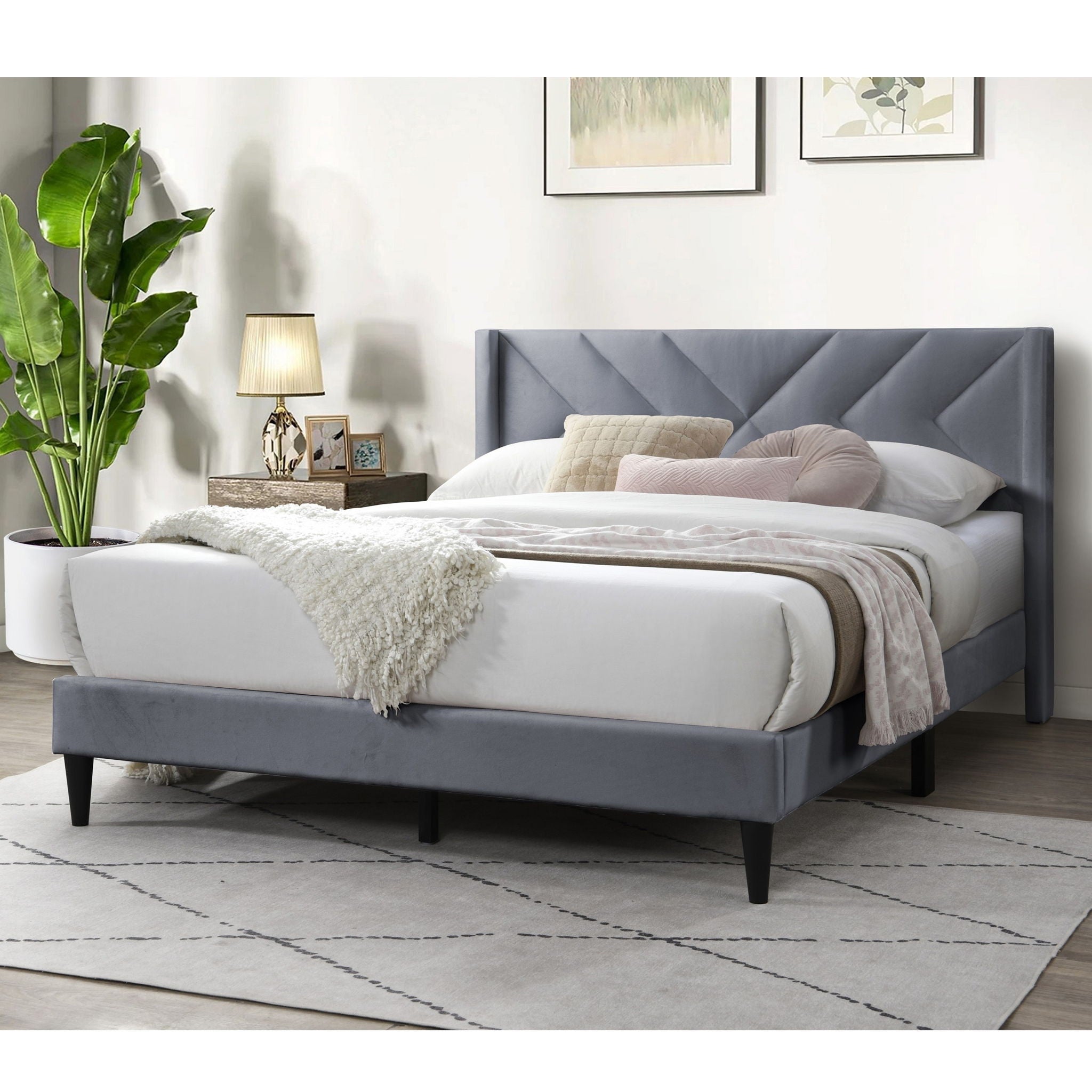 Elegant Bed With Upholstered Headboard, Platform Base