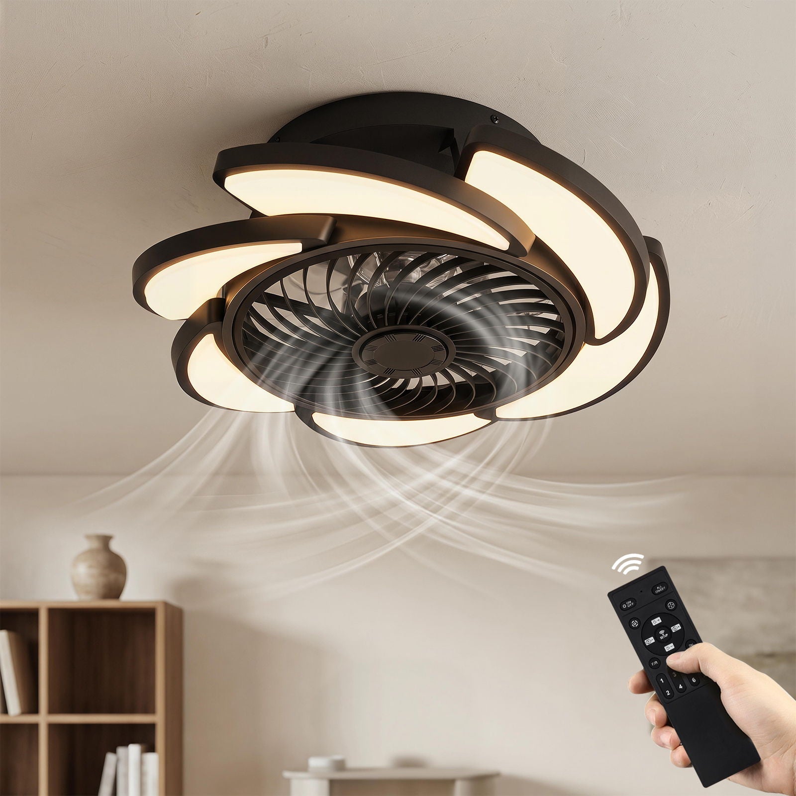 Bladeless Ceiling Fan With Remote Control, 6 Speeds Dimmable Light, Enclosed Low Profile For Living Room - Black