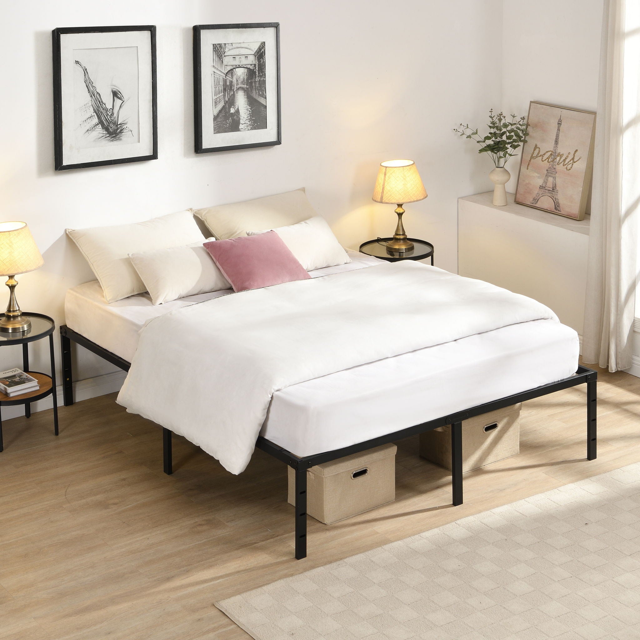 Heavy Duty Queen Size Bed Frame With Quiet Support - Black